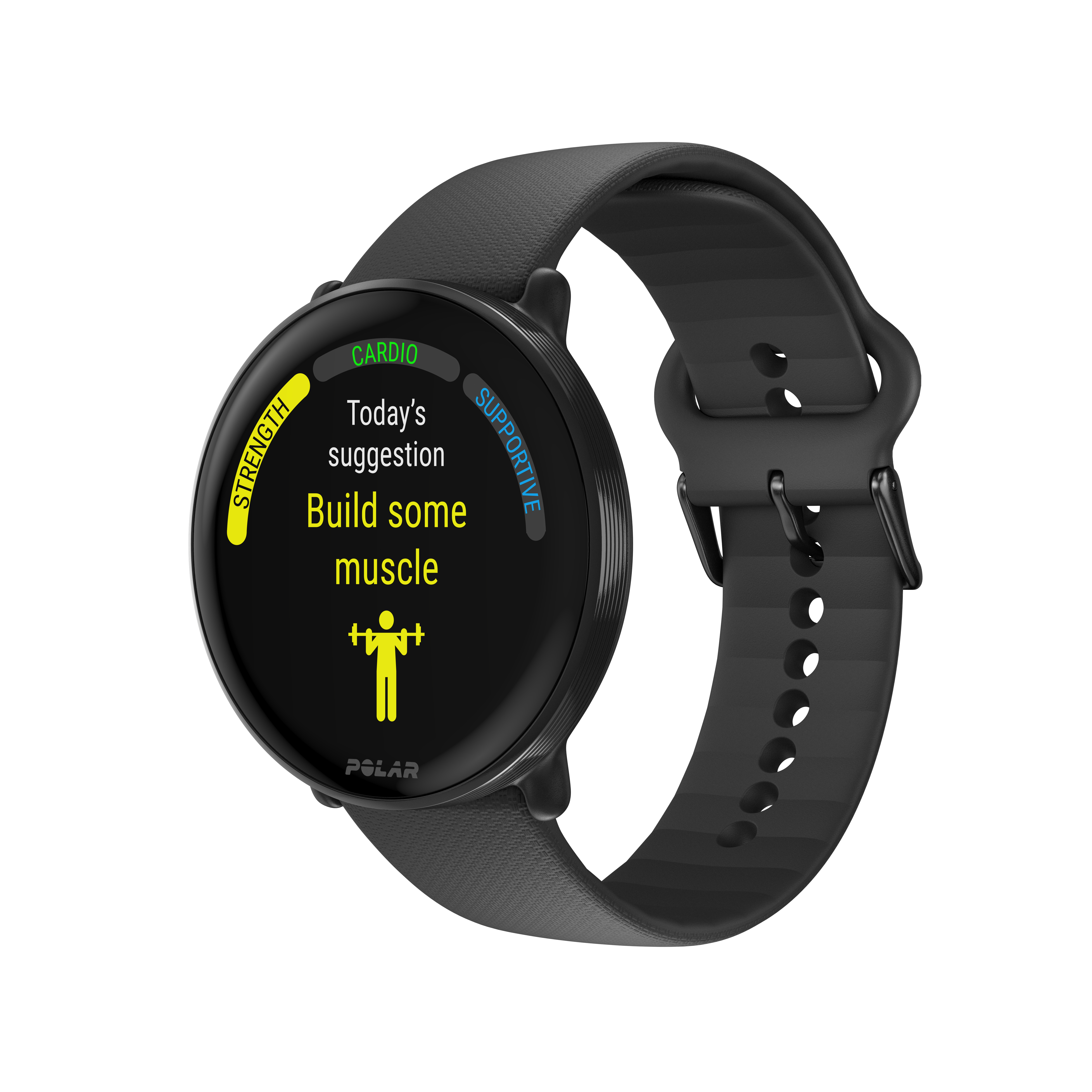 Schwarze Smartwatch mit Text 'Baue Muskeln auf'. Zeigt Cardio- und unterstützende Symbole.