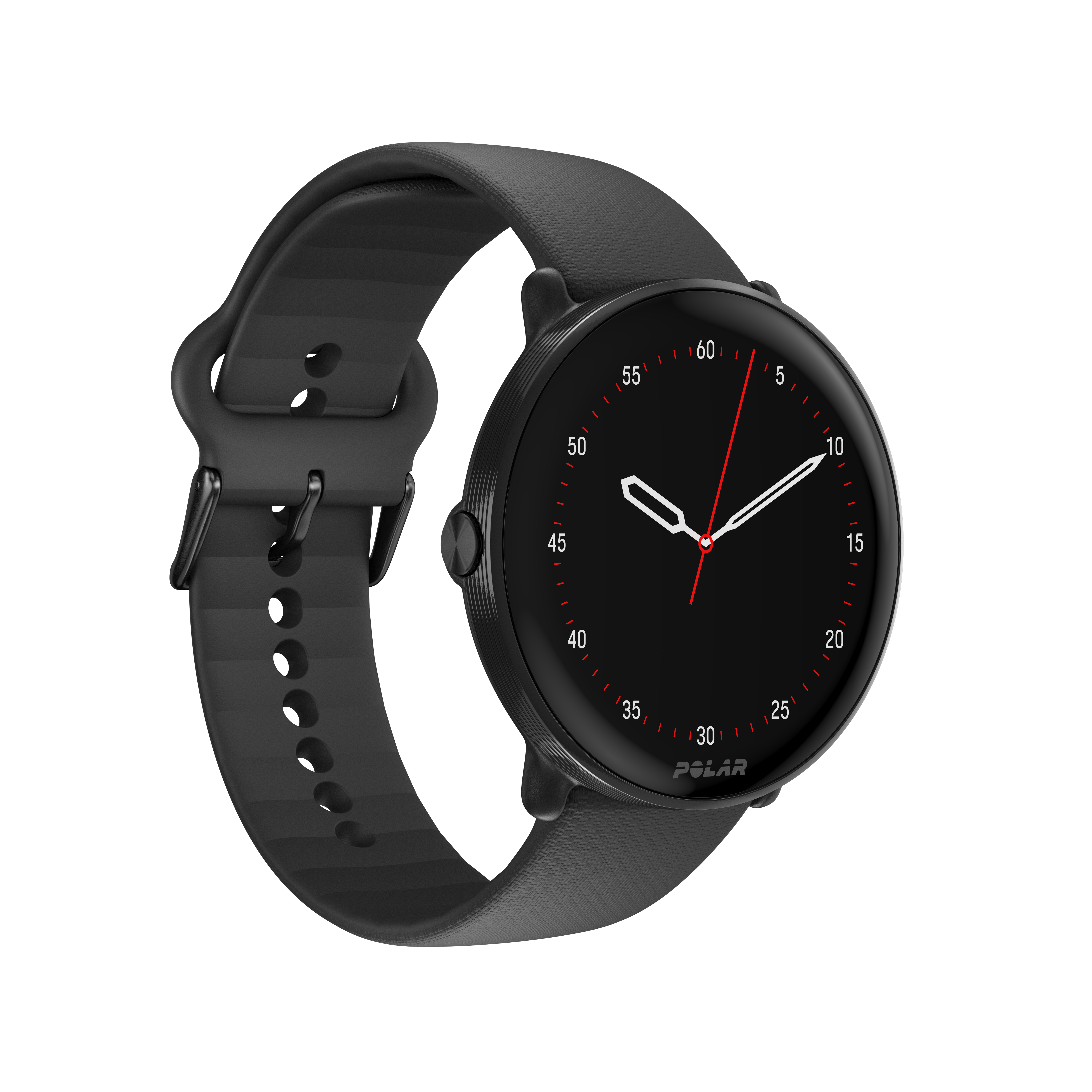 Eine schwarze Polar Smartwatch mit schwarzem Armband. Das Zifferblatt ist schwarz mit weißen Markierungen und einem roten Sekundenzeiger.