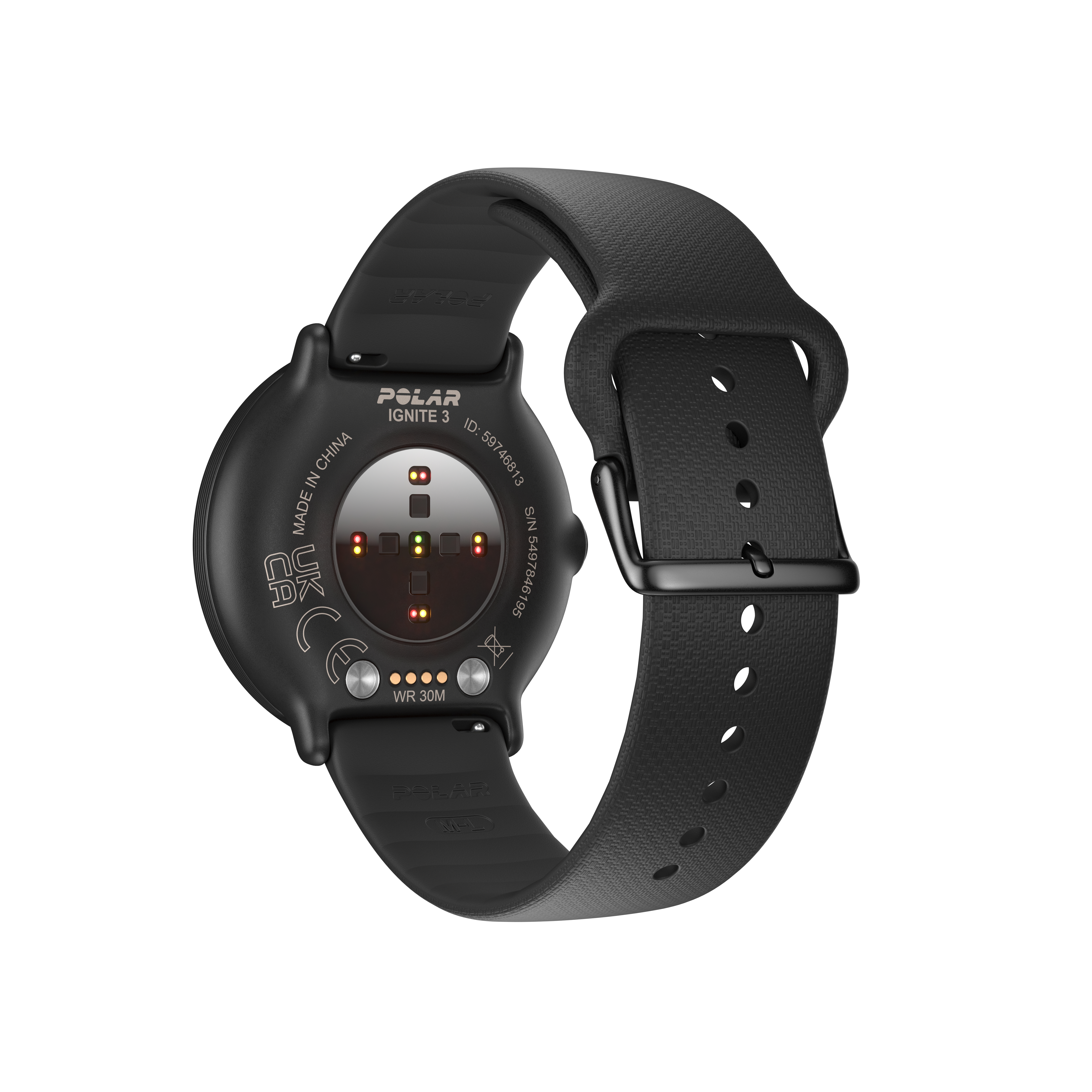 Schwarze Smartwatch mit schwarzem Armband, Herzfrequenzsensoren auf der Rückseite und Digitalanzeige.
