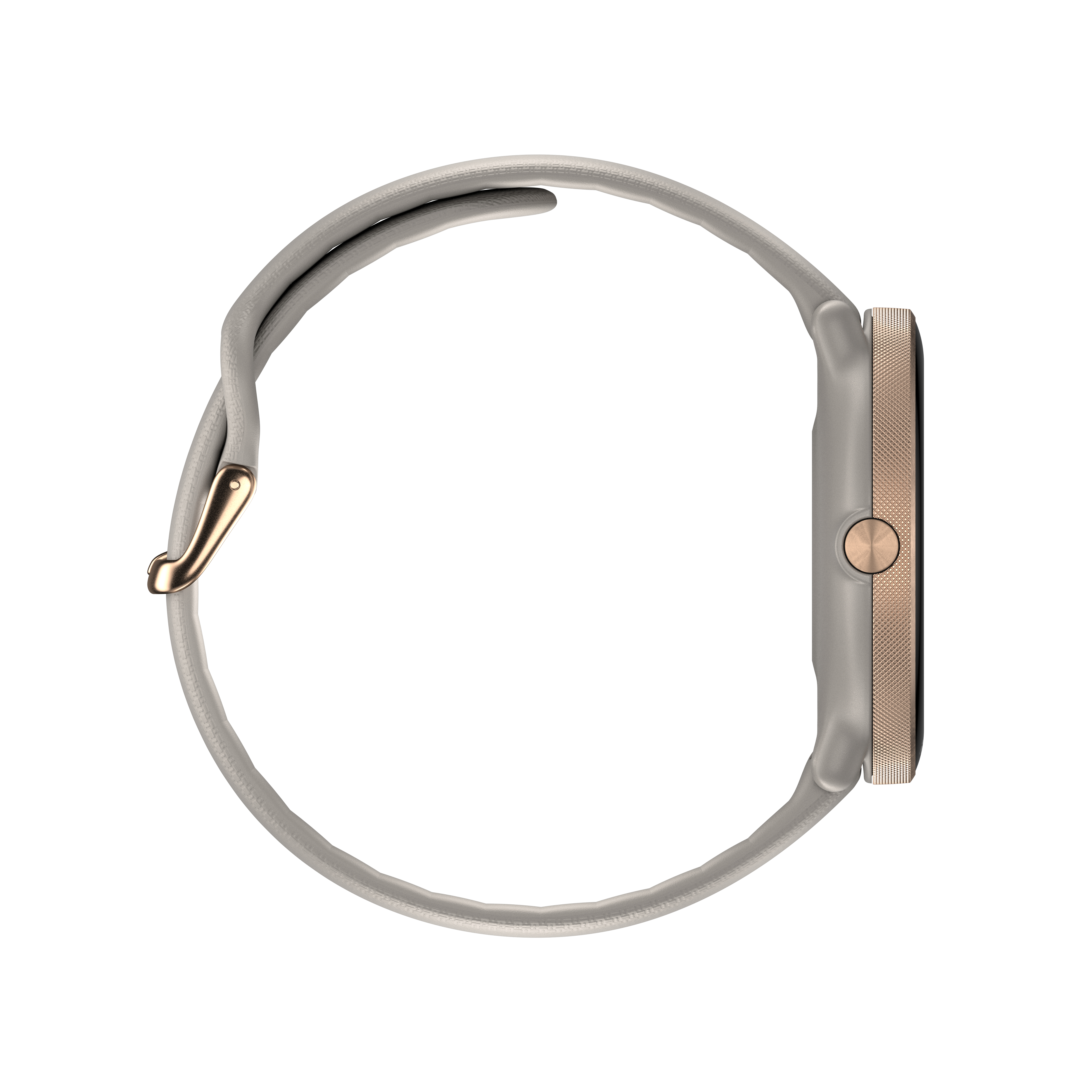 Seitenansicht einer hellgrauen Smartwatch mit goldener Schnalle.
