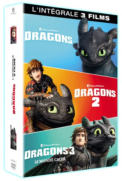 Couverture du coffret DVD 3 films Dragons. Avec des personnages et un dos blanc.