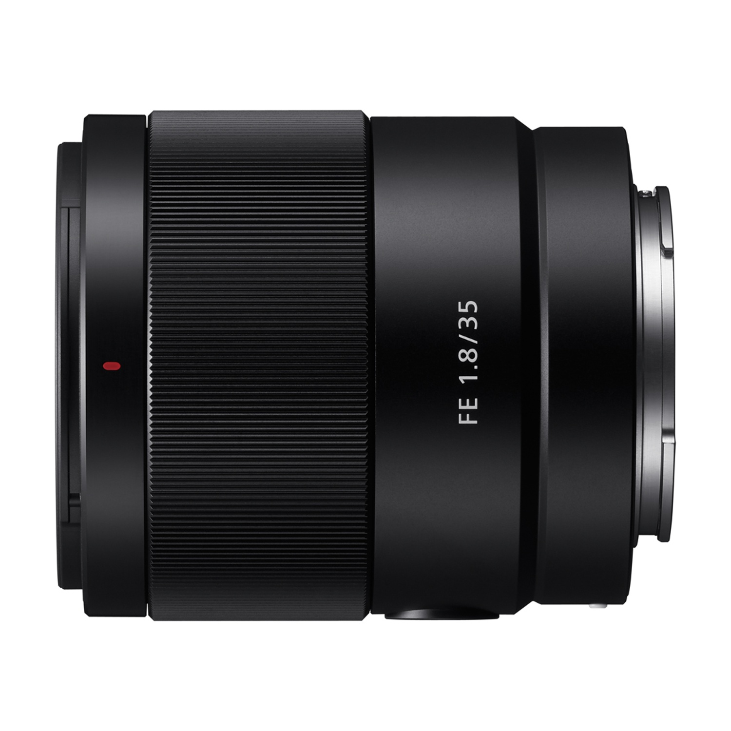 Obiettivo fotocamera nero con marchi FE 1.8/35, che mostra il suo design a coste e punto rosso.