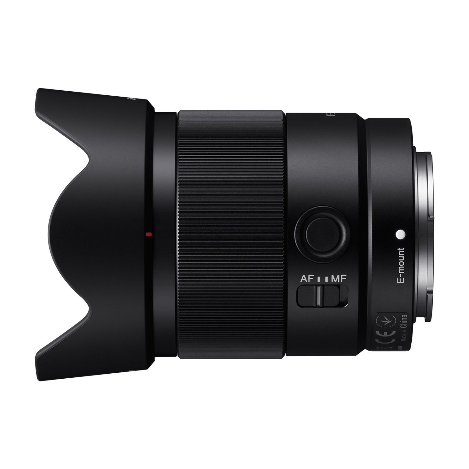 Obiettivo della fotocamera nero con paraluce collegato, vista laterale.