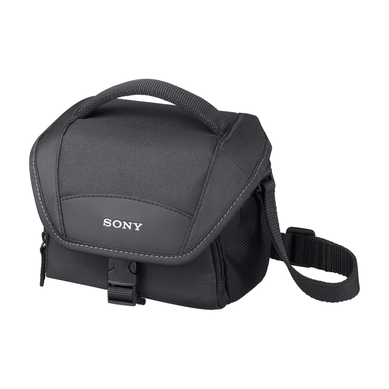 Borsa per fotocamera Sony nera. La borsa ha una tracolla, un manico e una patta frontale con il logo Sony.