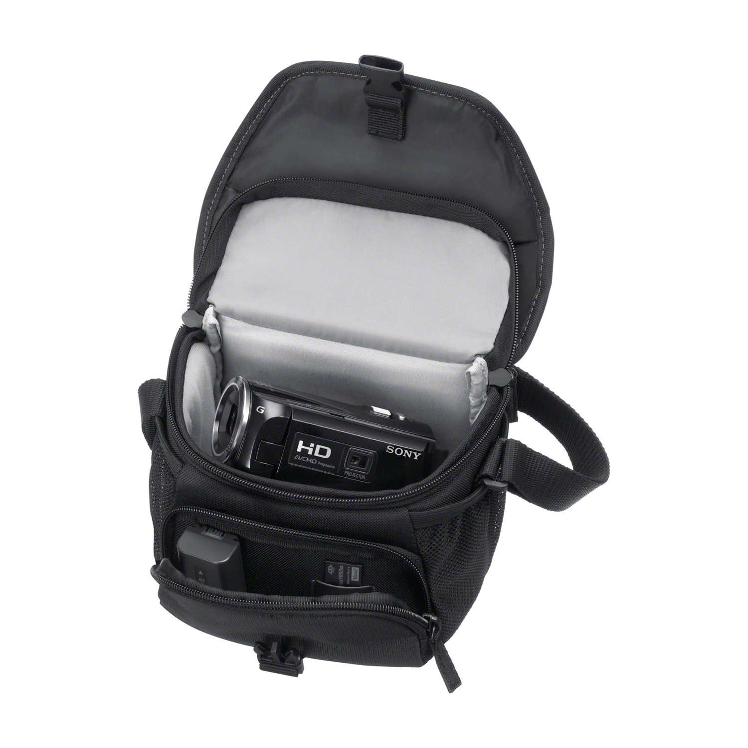Borsa nera per fotocamera con videocamera, caricatore e tasca.