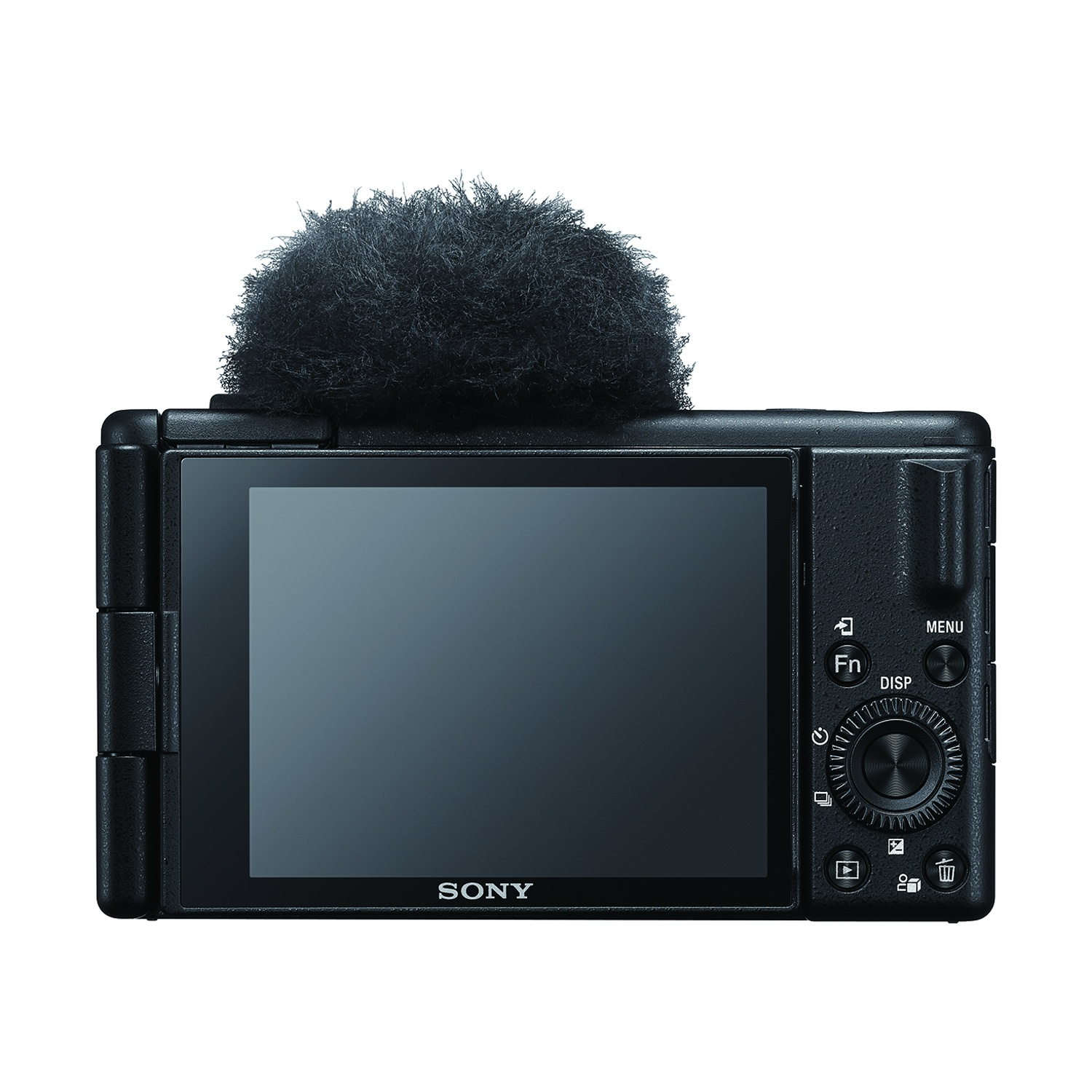 Vista posteriore di una fotocamera nera con microfono. Lo schermo è acceso. Il logo Sony è visibile.