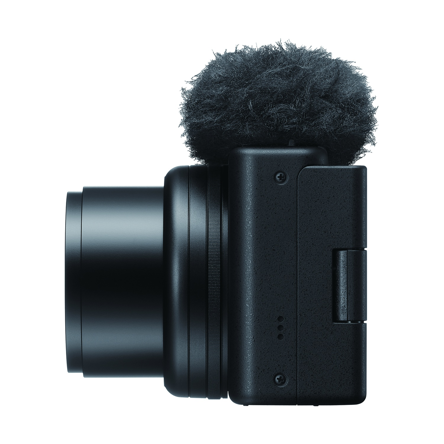 Fotocamera nera con microfono. Obiettivo a sinistra, microfono in alto e corpo nero.