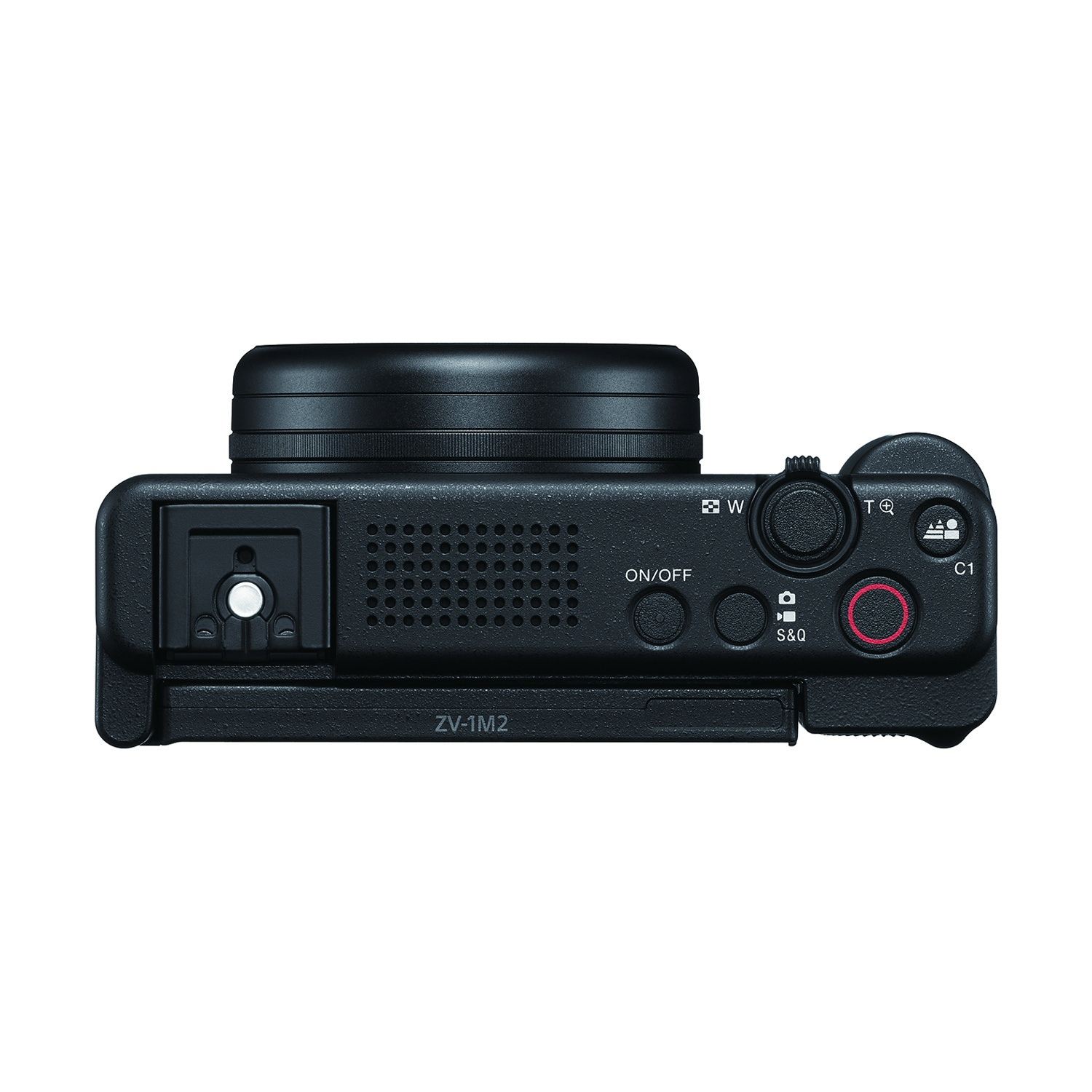 Fotocamera nera, vista dall'alto. Pulsanti e ghiere visibili, con obiettivo nero.