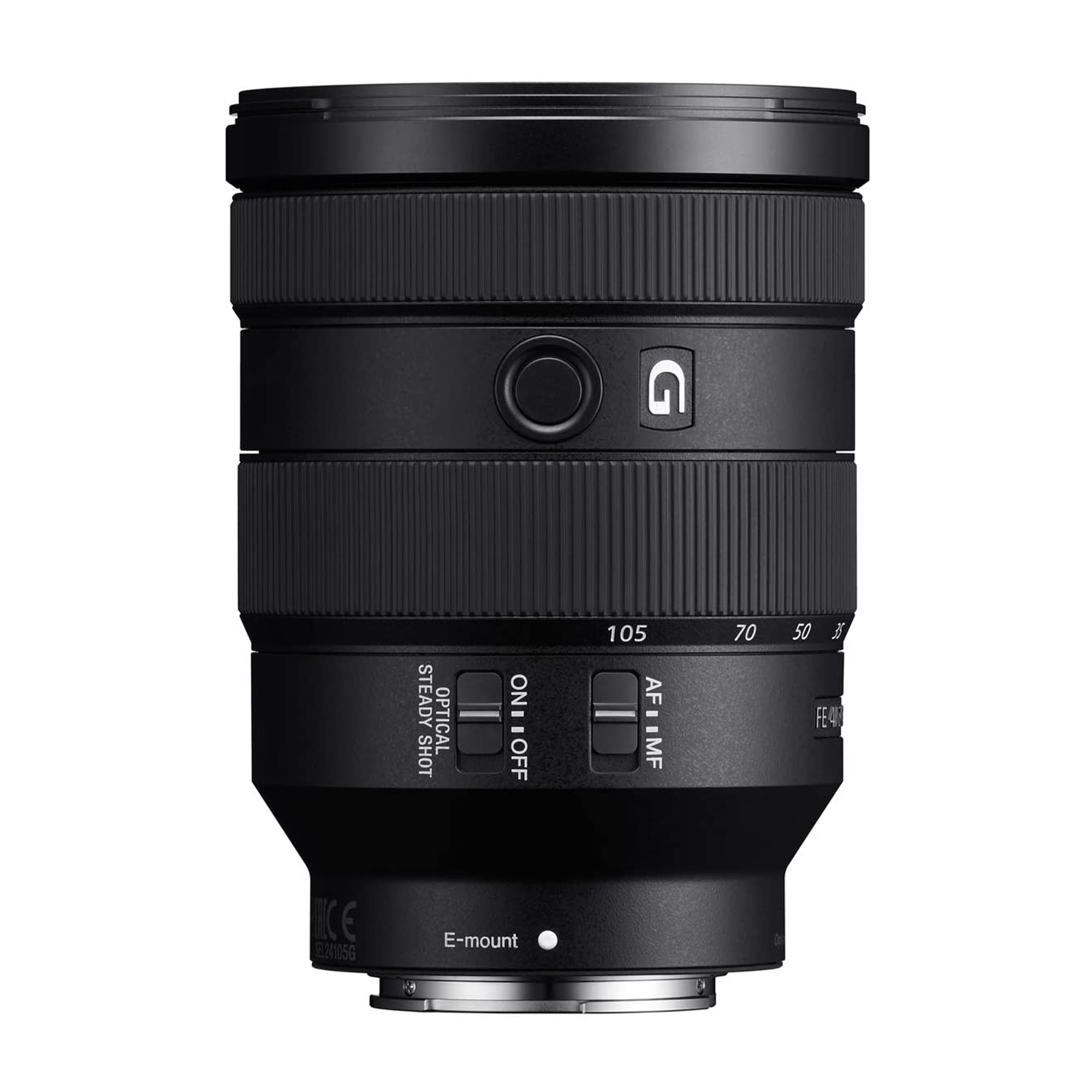 Obiettivo fotocamera Sony nero con ghiere messa a fuoco, pulsanti.