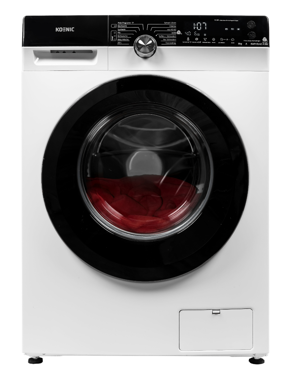 Weiße Koenic Waschmaschine. Mit schwarzer Tür und Bedienfeld.