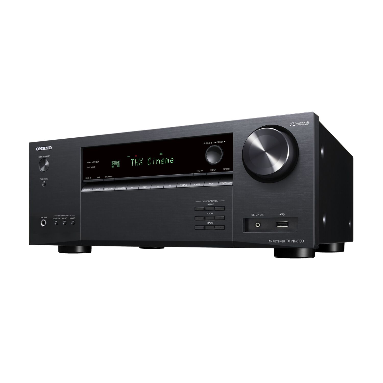 Onkyo receiver, zwarte voorkant, met knoppen en display, zilveren volumeknop.