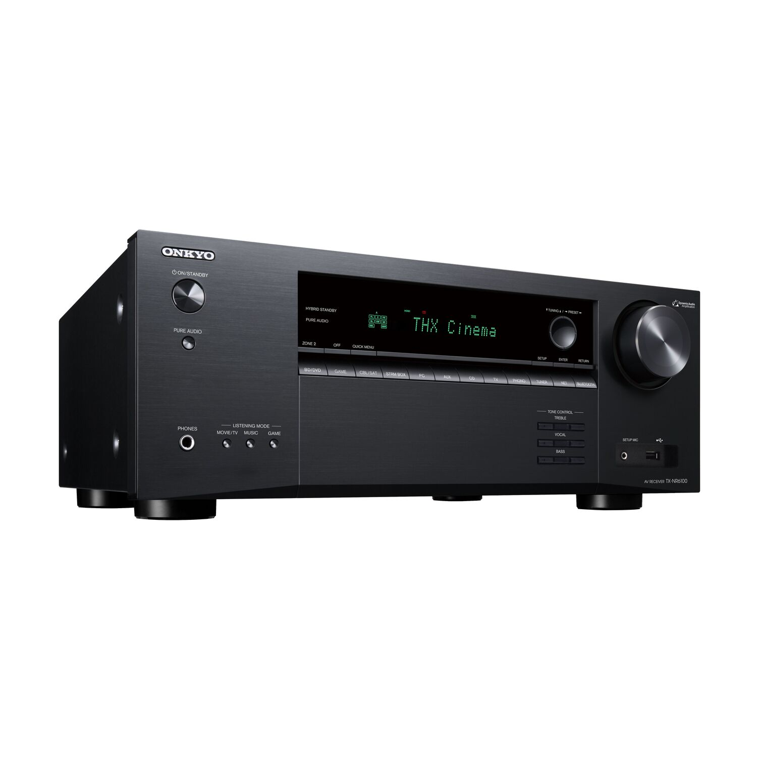 Zwarte Onkyo audio-ontvanger. De voorkant toont een scherm en knoppen.