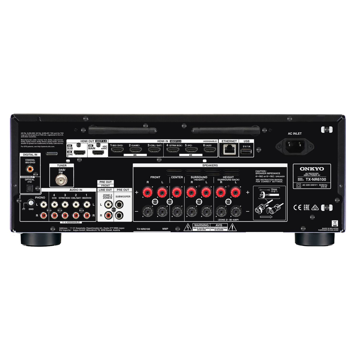 Achterkant van een Onkyo TX-NR610 receiver, met diverse poorten en luidsprekeraansluitingen zichtbaar.