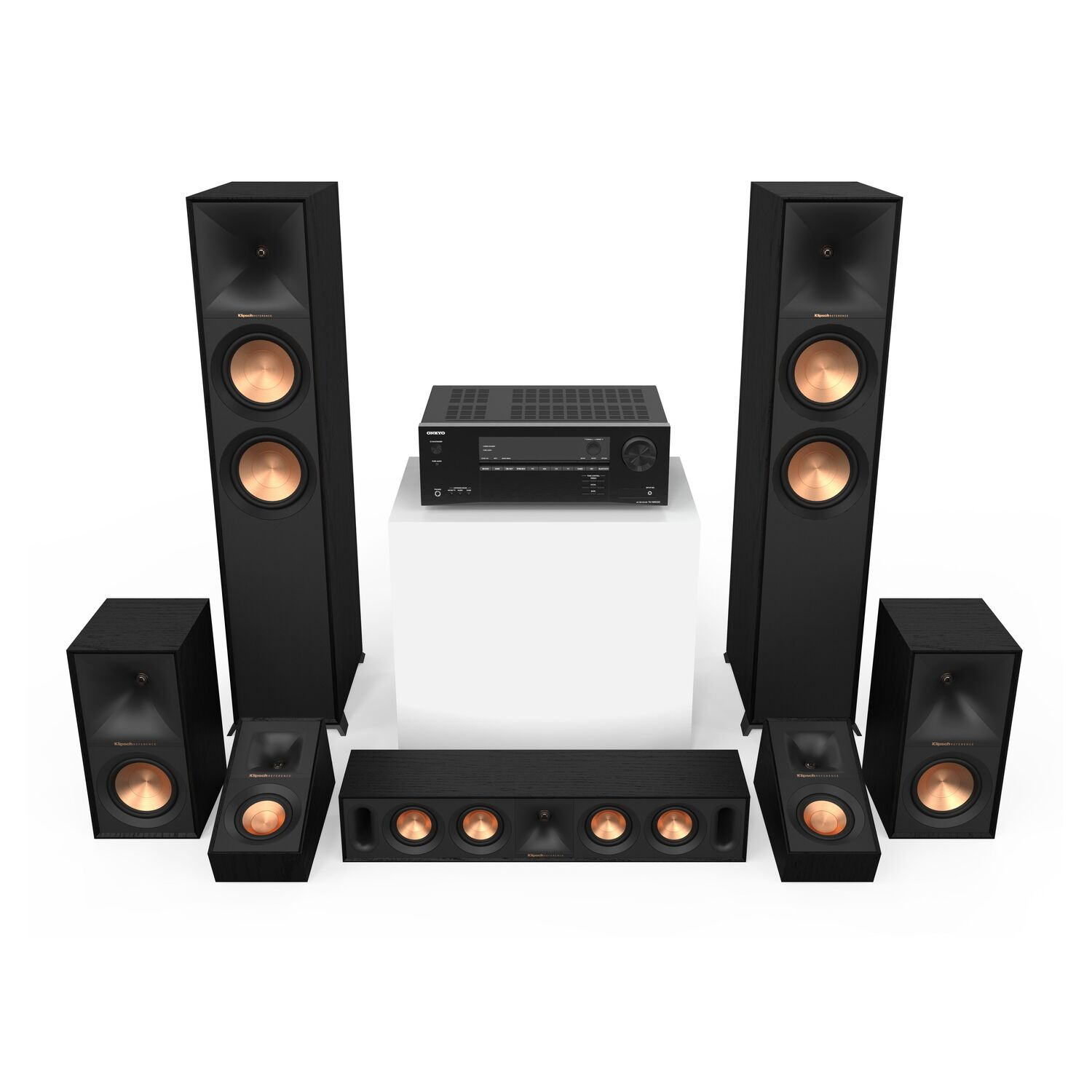 Home theater luidsprekerset, zwarte luidsprekers met koperkleurige conussen.