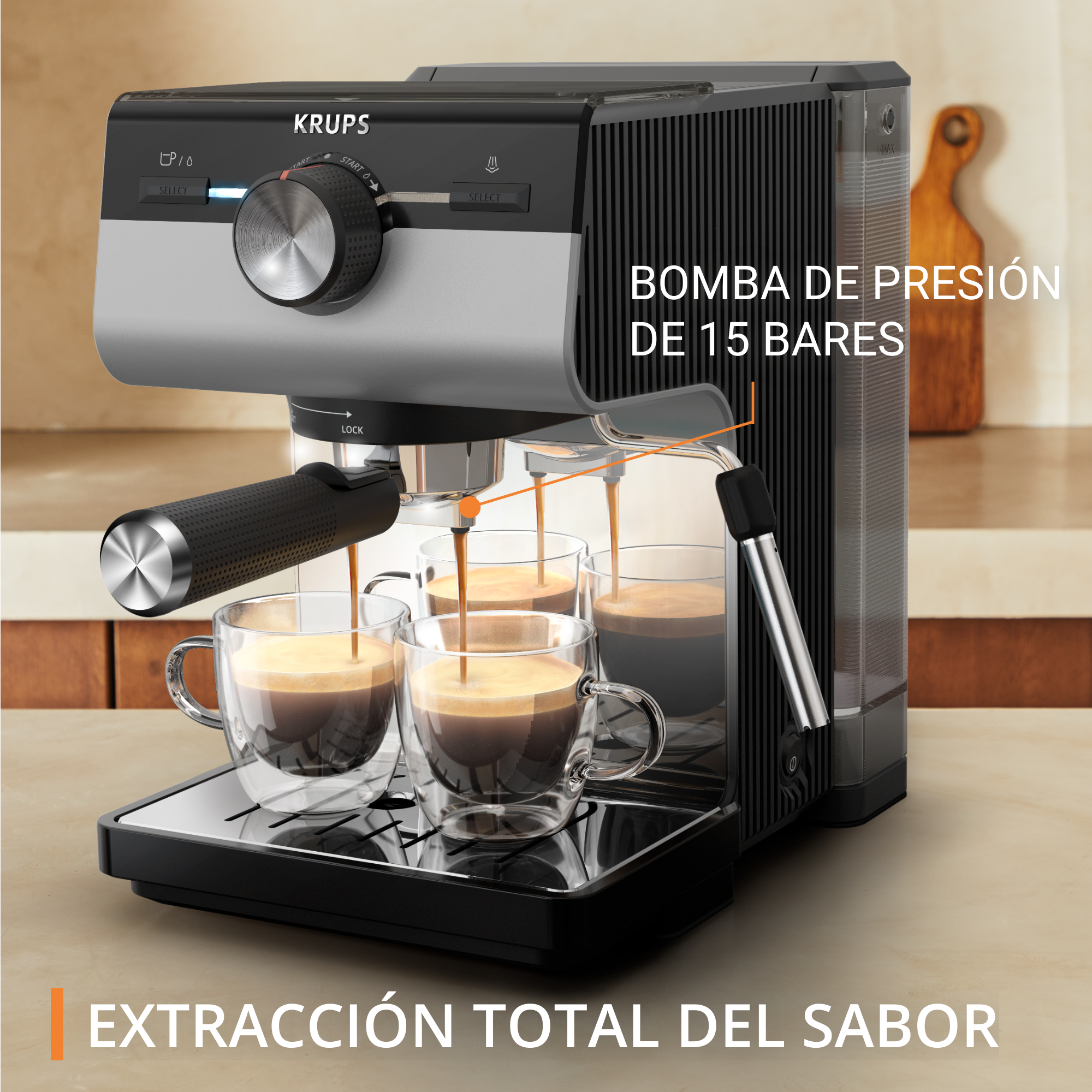 Máquina de espresso vertiendo café en vasos de vidrio. La máquina y las tazas están en una encimera.