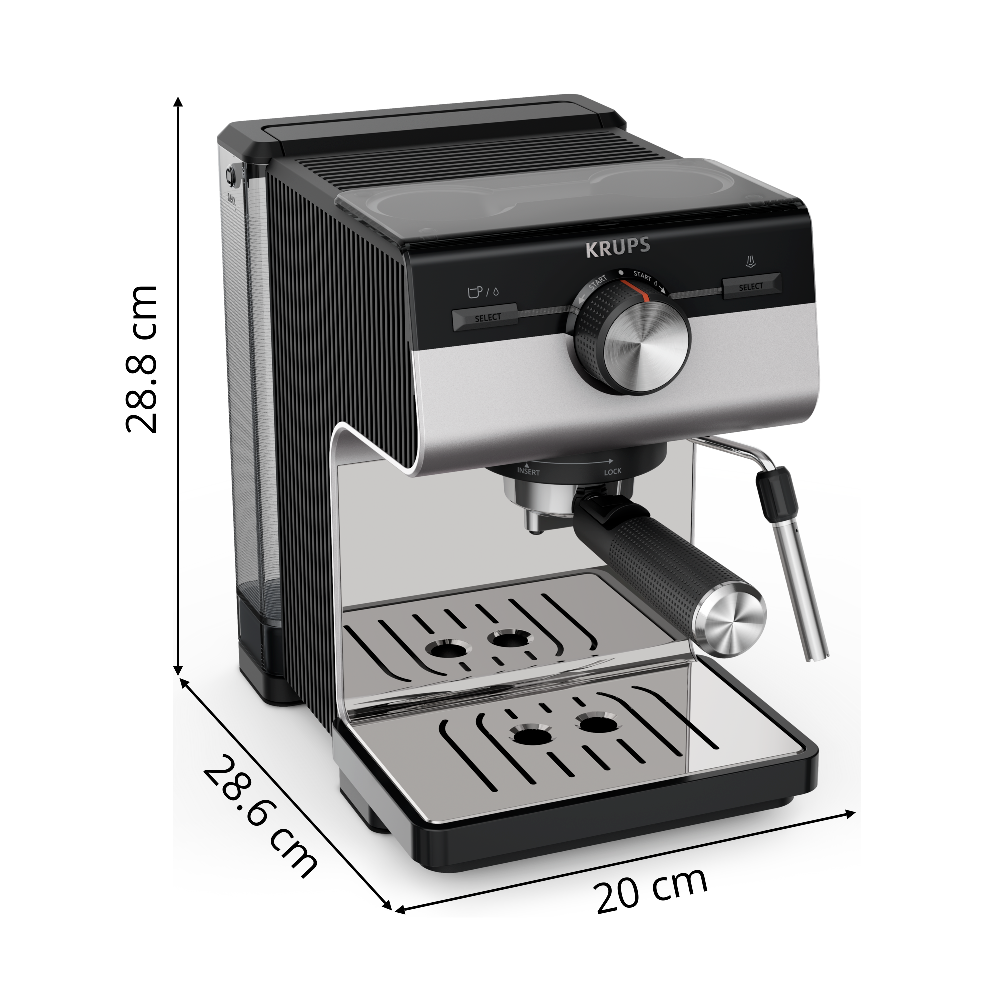 Cafetera espresso Krups negra y plateada con dimensiones. Elementos de acero inoxidable.