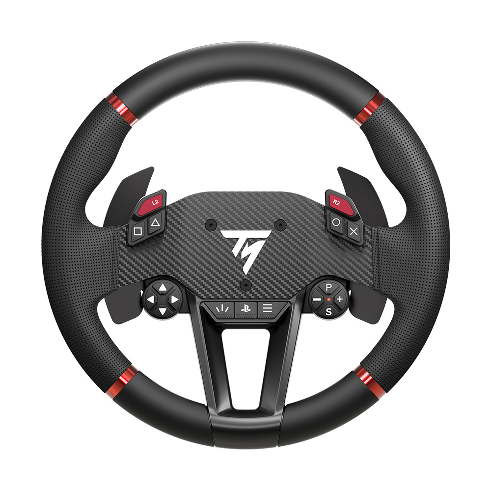 Ein schwarz-rotes Rennlenkrad mit Knöpfen und Paddles. Es enthält ein mittiges Logo und ein kreisförmiges Design.
