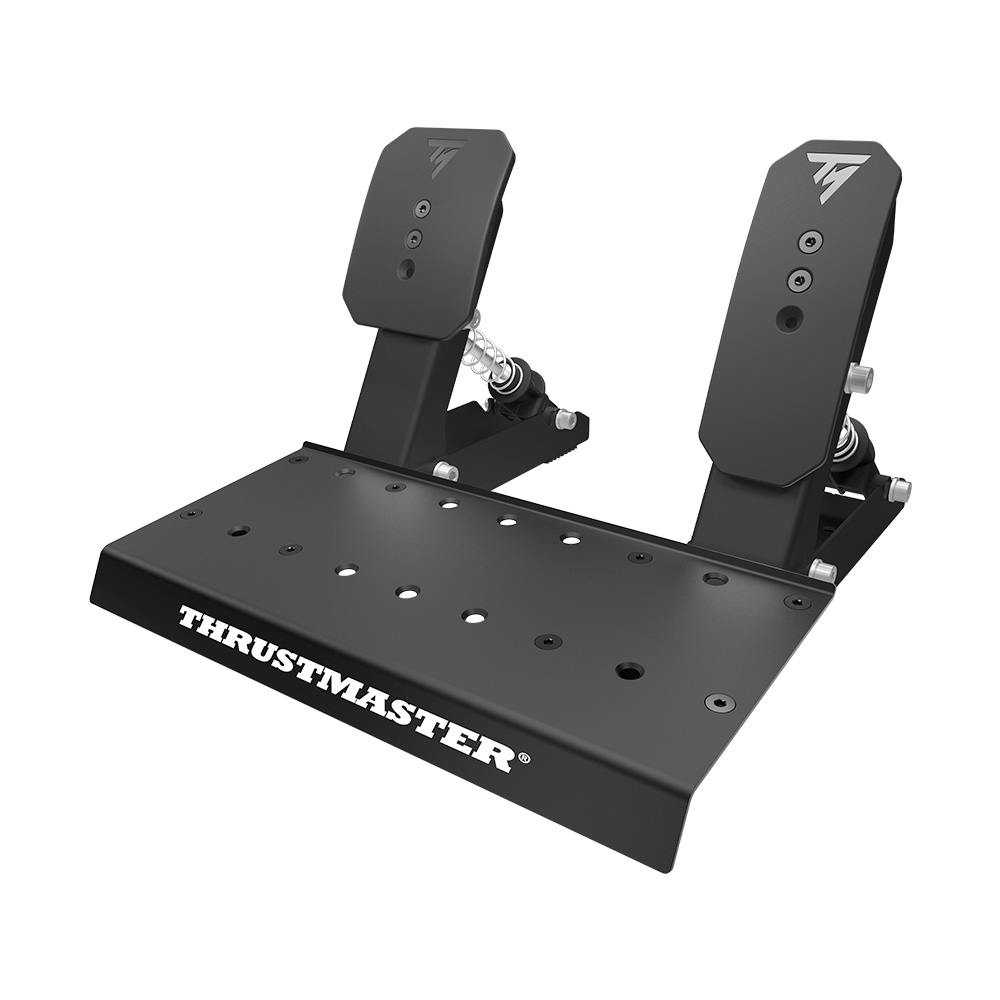 Schwarze Thrustmaster-Pedale auf schwarzer Basis. THRSUTMASTER steht auf der Basis.