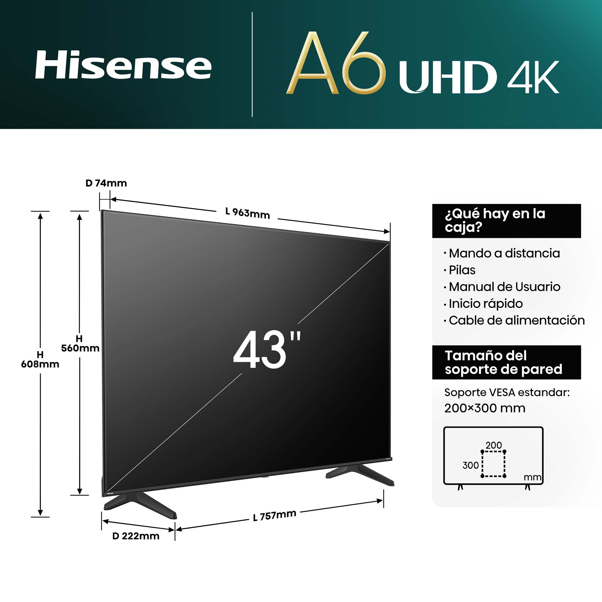 TV Hisense de 43 pulgadas. Pantalla negra con dimensiones. Texto: Qué hay en la caja y tamaño soporte pared.