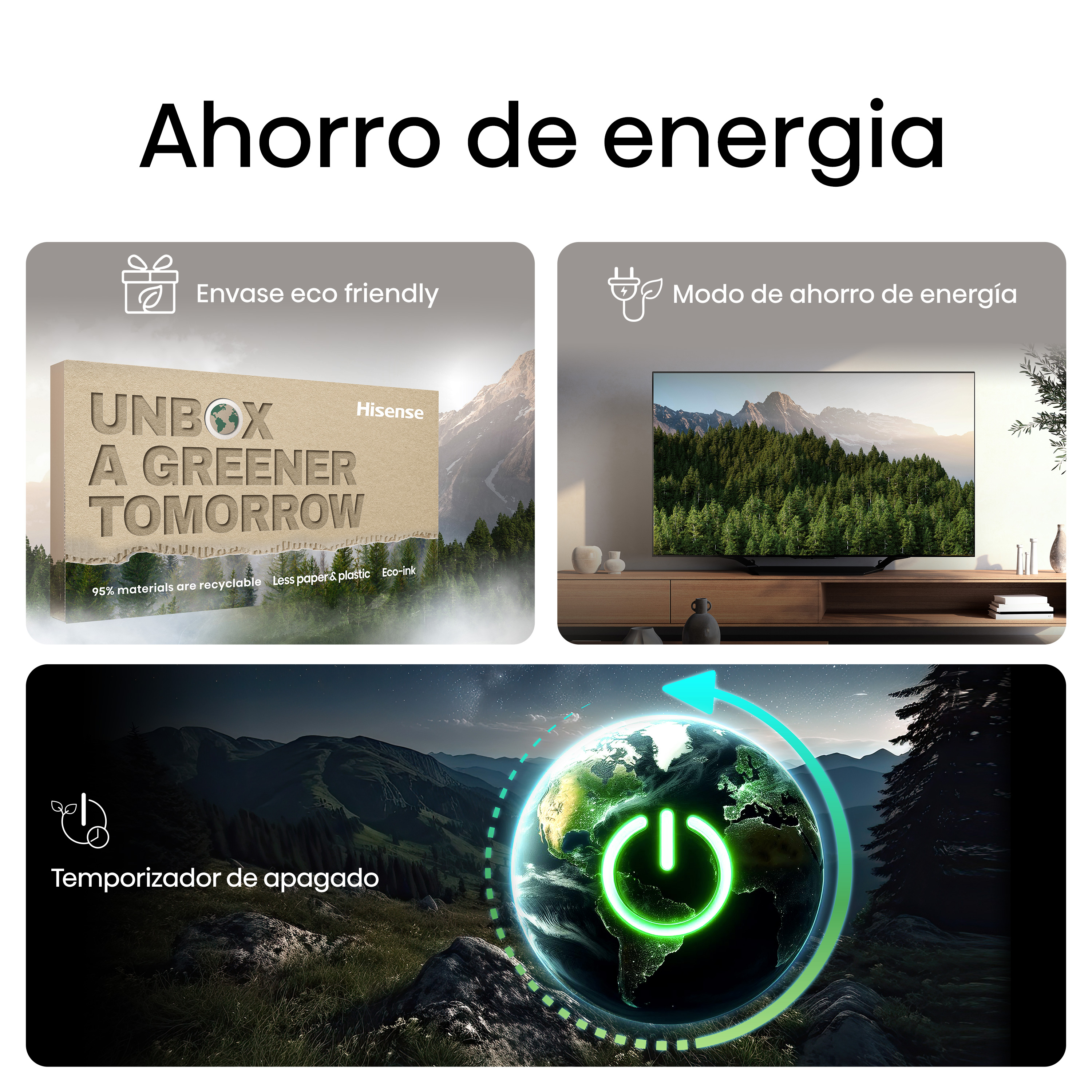 Un collage que promueve el ahorro de energía. Contiene una caja, TV y un globo con un botón de encendido.