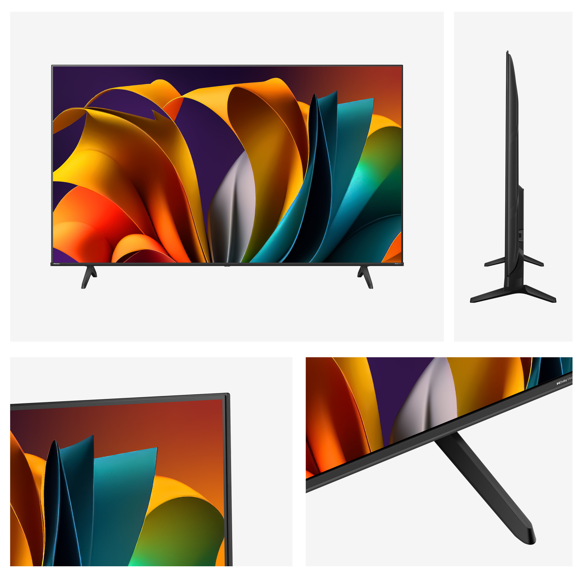 Un televisor que muestra arte abstracto colorido, con primeros planos que muestran el diseño y el soporte.
