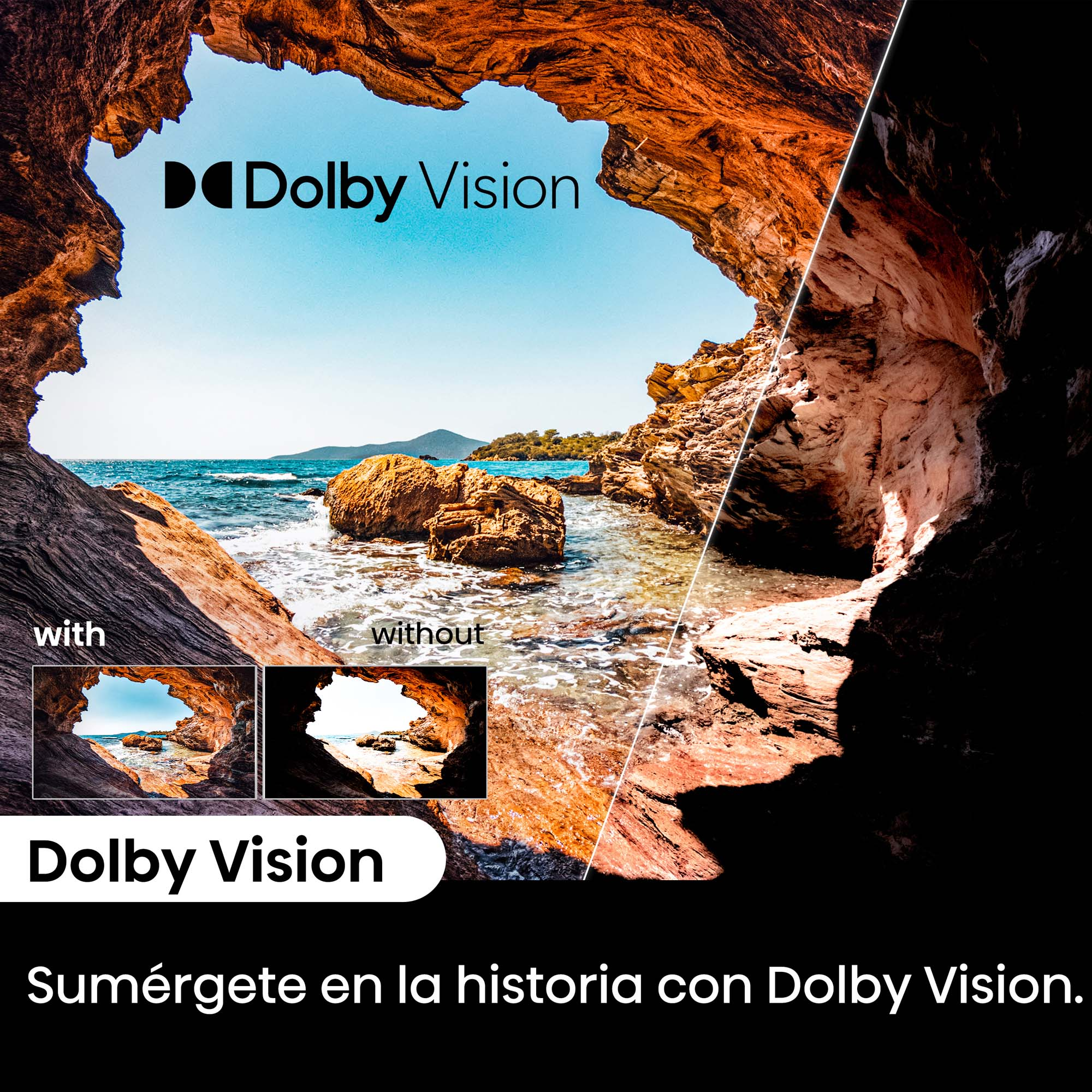 La imagen muestra una cueva con mar azul, con el logotipo 'Dolby Vision'.
