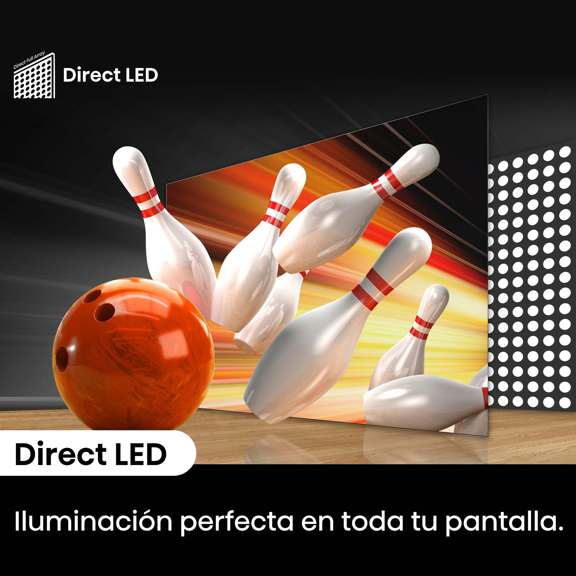 Una bola de bolos naranja golpea bolos blancos, con texto Direct LED.