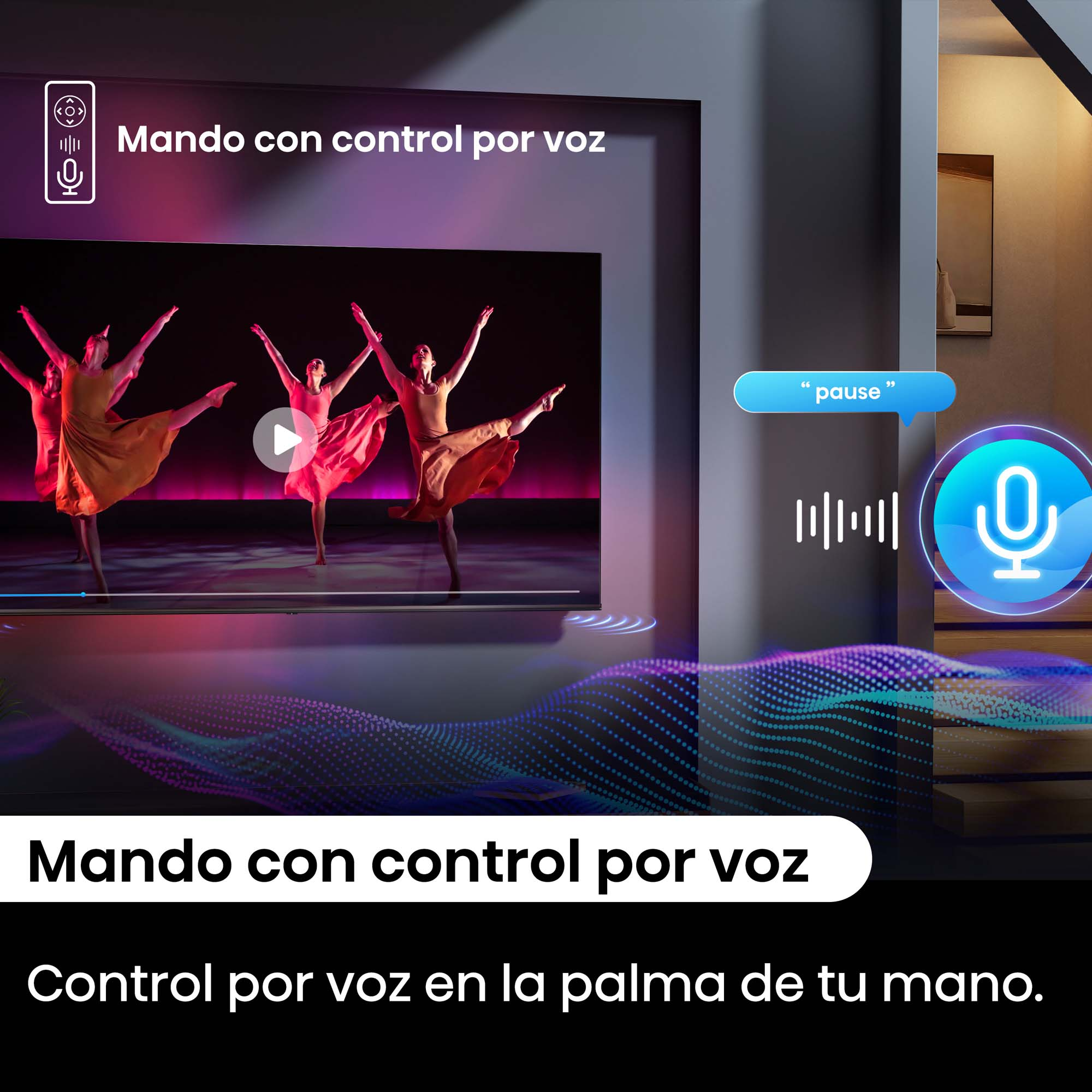 Una pantalla de TV con bailarinas, un icono de control por voz y las palabras 'Control por voz'.