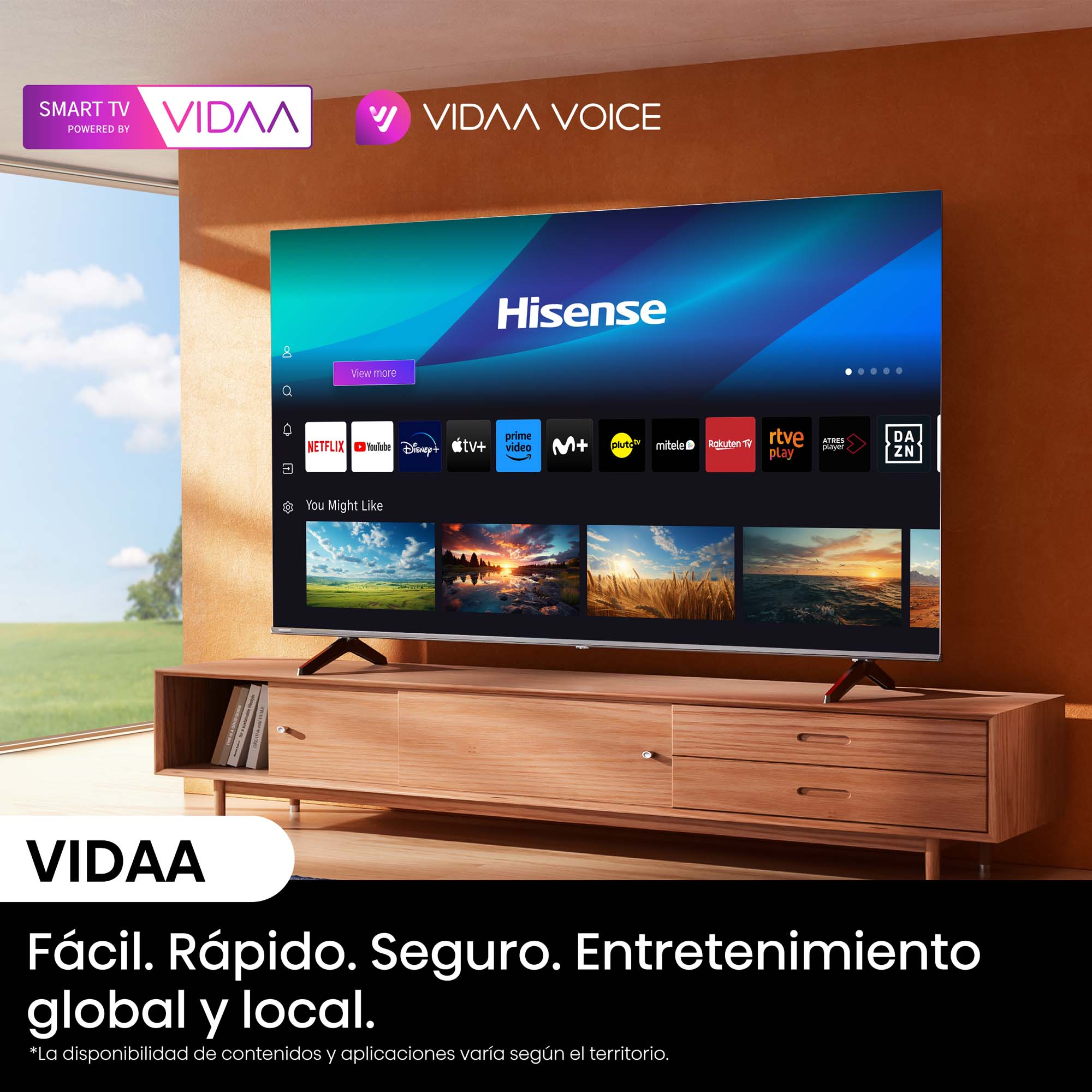 TV Hisense con interfaz VIDAA en soporte de madera, promoviendo entretenimiento.