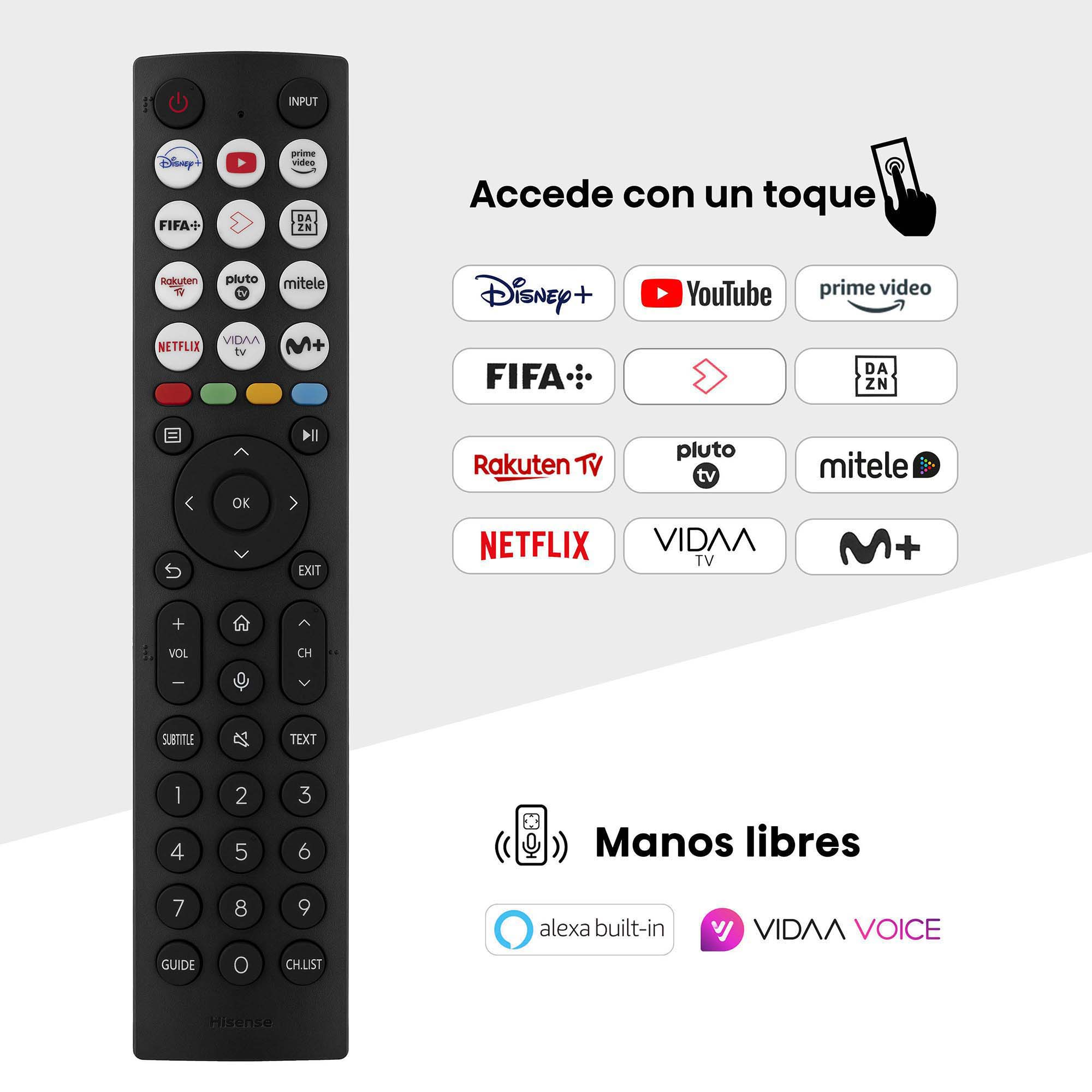 Mando a distancia Hisense con botones etiquetados, logotipos de servicios streaming.