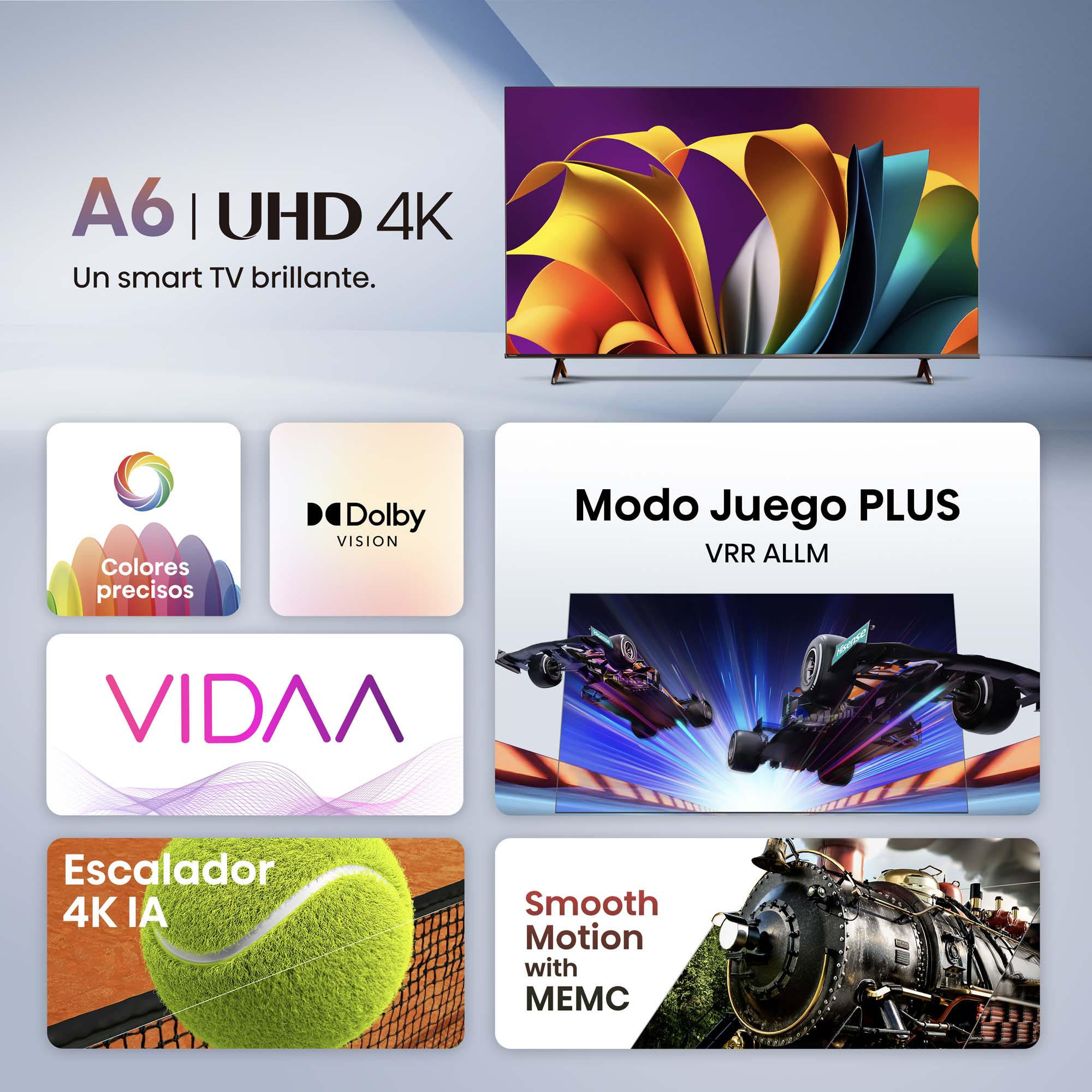 Un televisor muestra imágenes coloridas, con logotipos y funciones en primer plano.