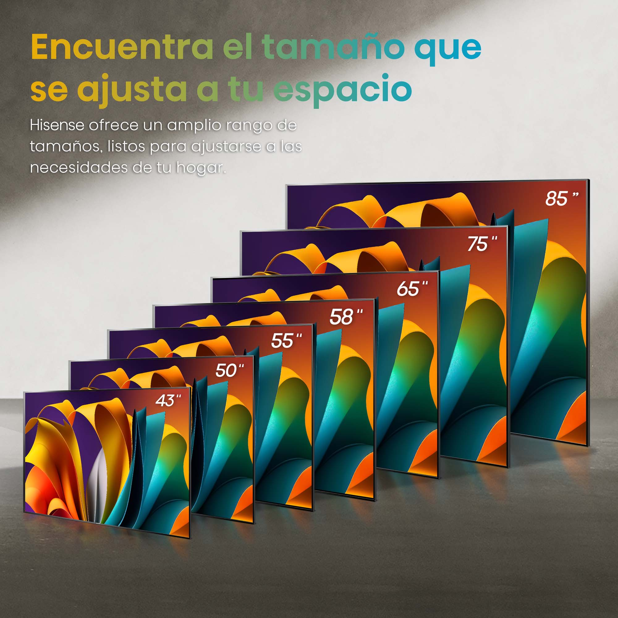 Televisores de varios tamaños se muestran sobre un fondo gris.