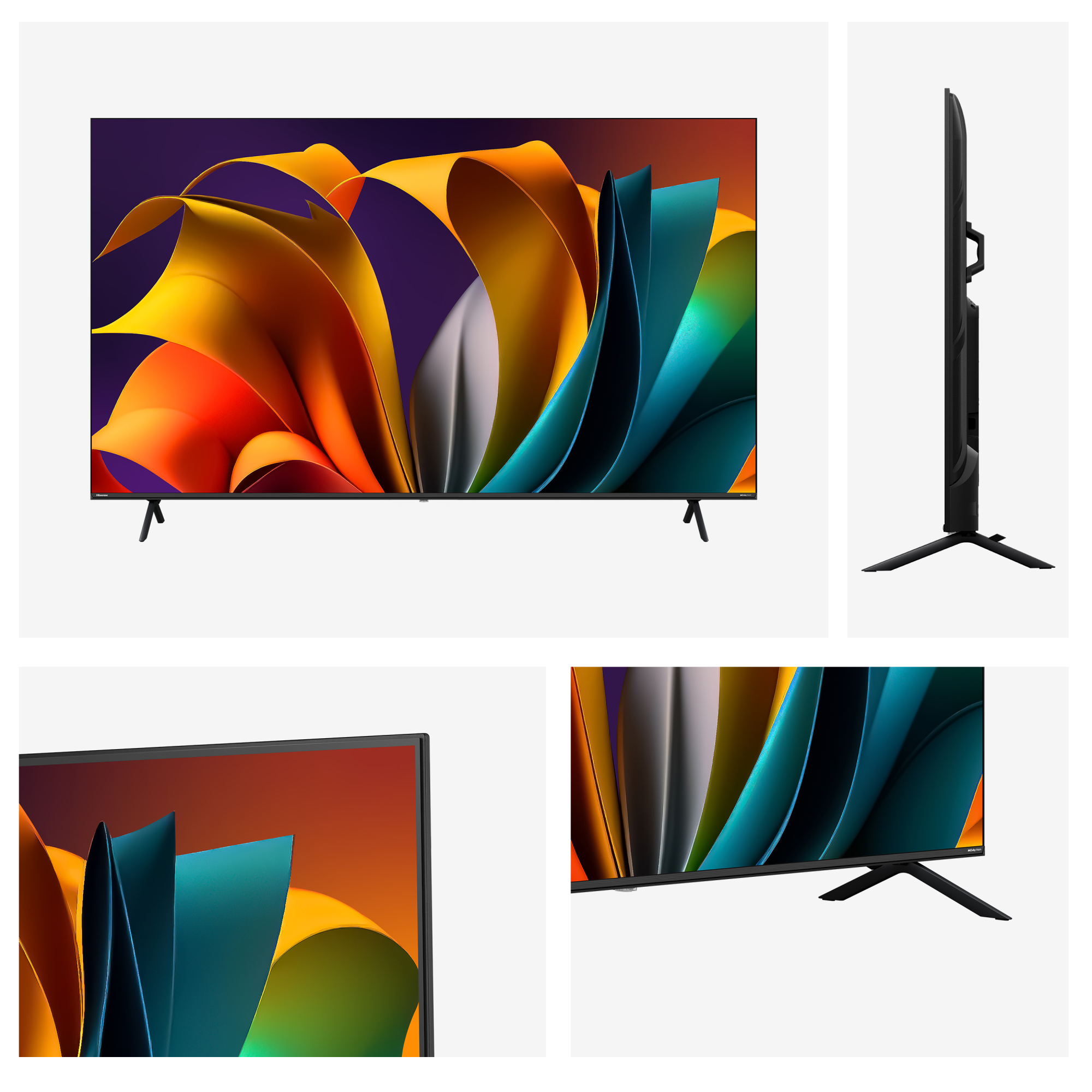 TV moderno mostrando arte abstracto colorido, con múltiples vistas, incluyendo perfil lateral.