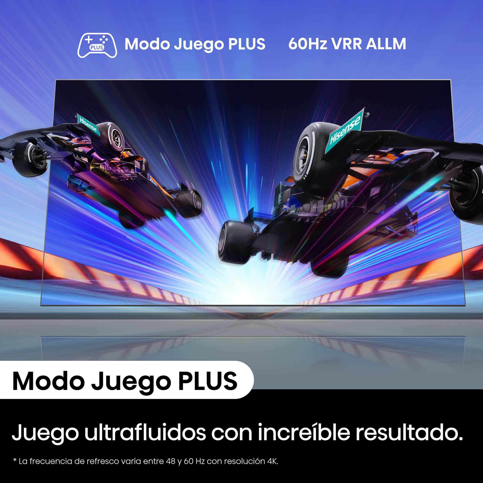 Pantalla de TV con coches de carreras. El texto dice: Modo Juego PLUS.