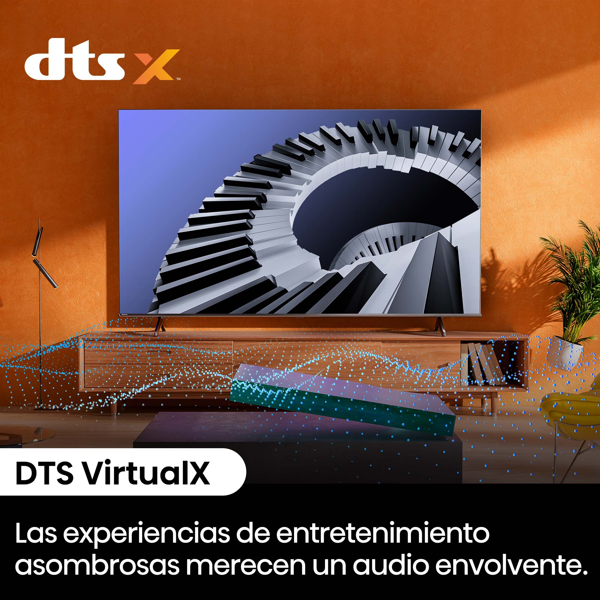 Pantalla de TV con teclado de piano. DTS Virtual:X y logo DTS visibles.