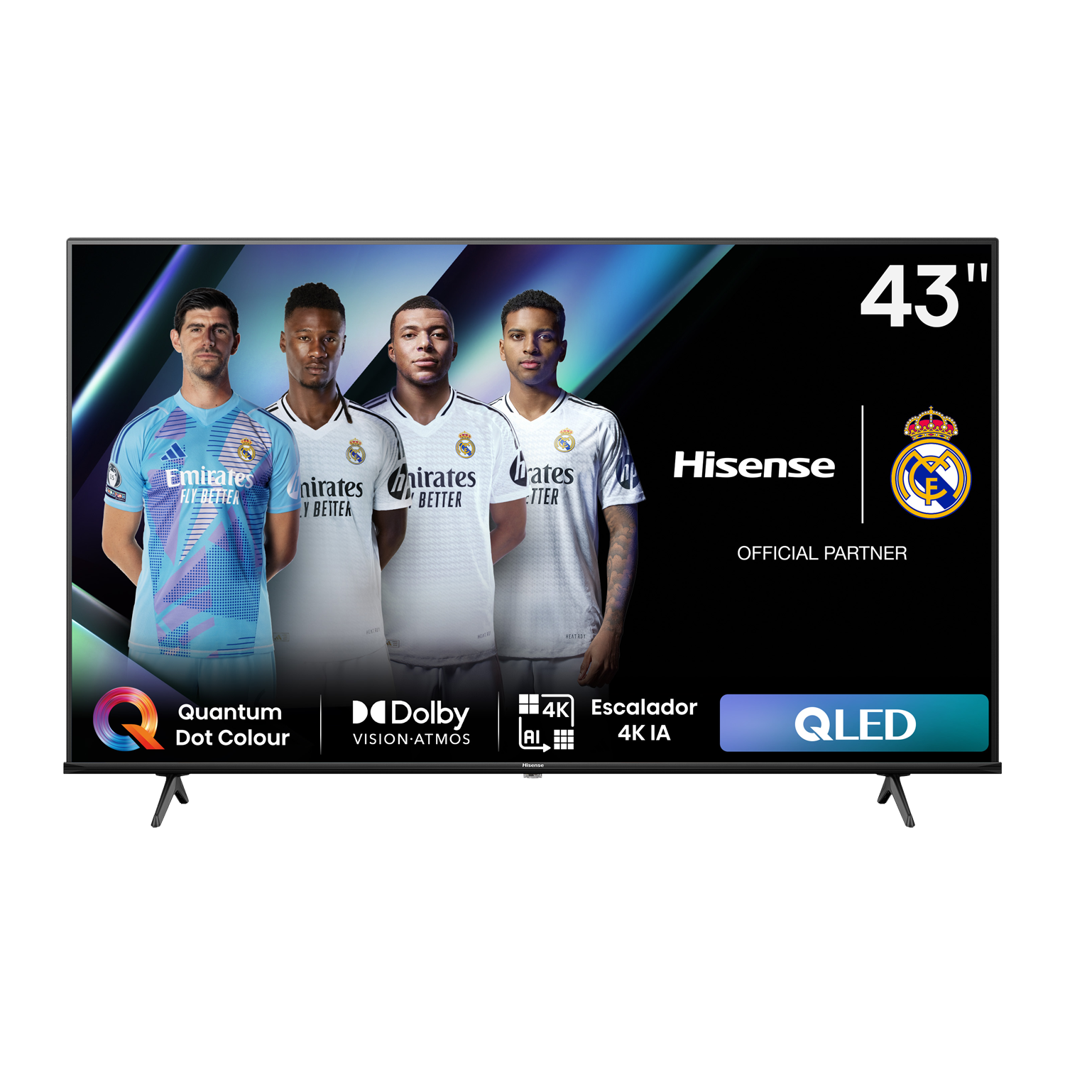 Un televisor Hisense QLED de 43 pulgadas que muestra jugadores de fútbol y el logotipo del Real Madrid.