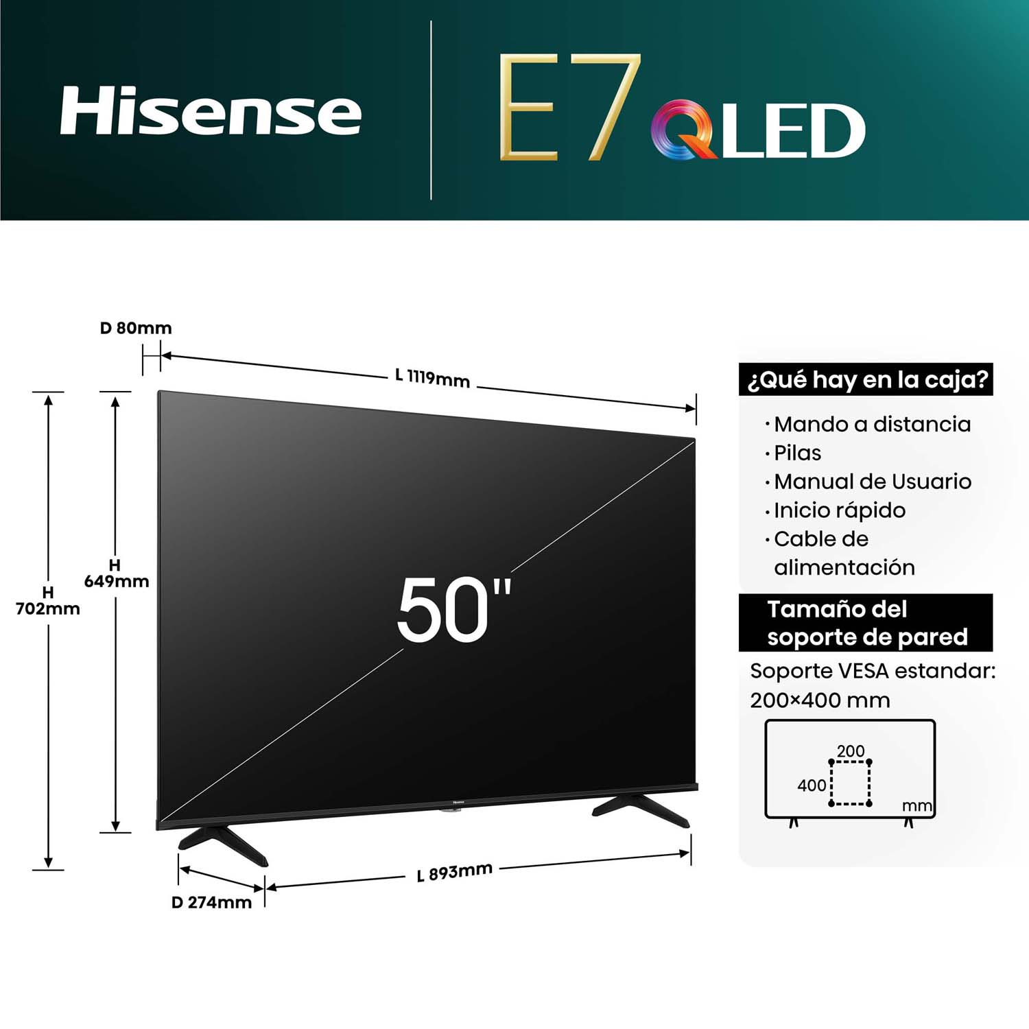 Televisor con dimensiones y especificaciones, incluyendo mando a distancia, manual.