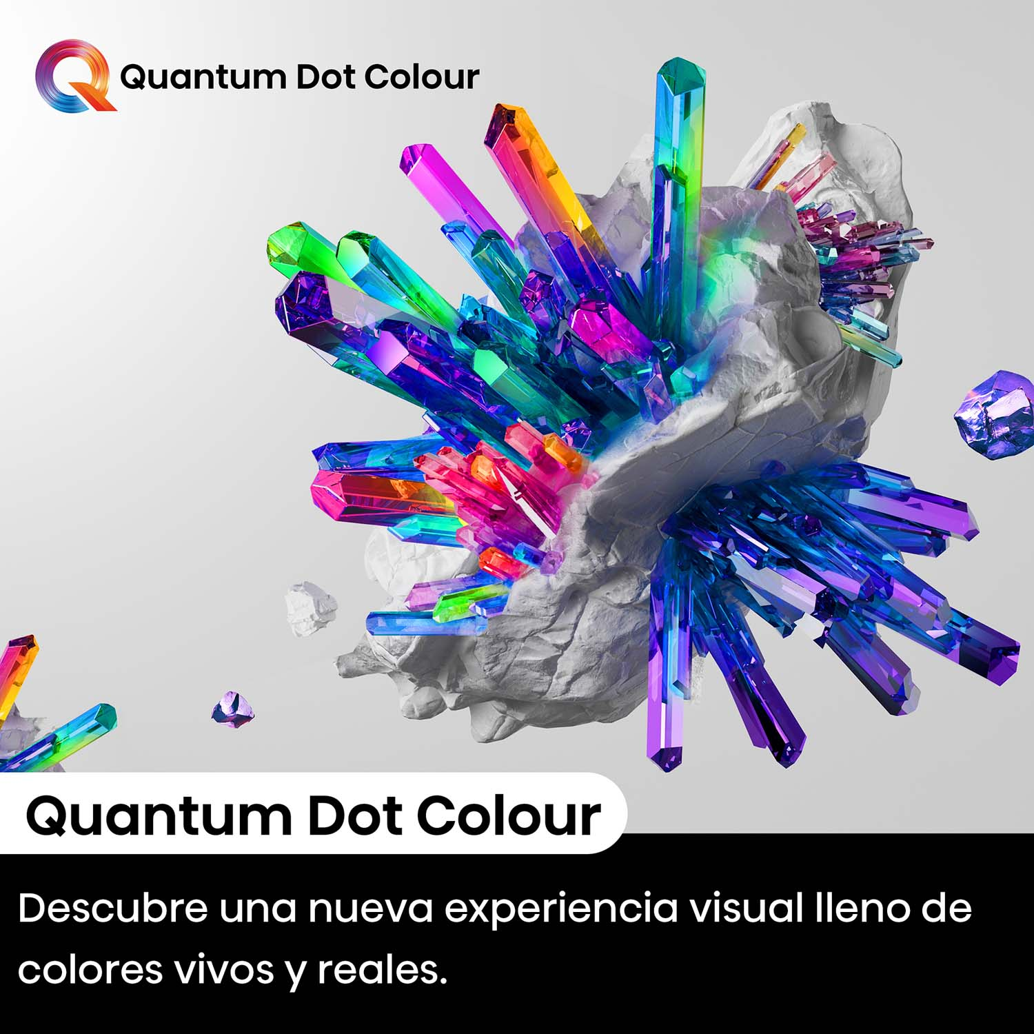 Imagen abstracta de cristales coloridos que surgen de una formación rocosa blanca.