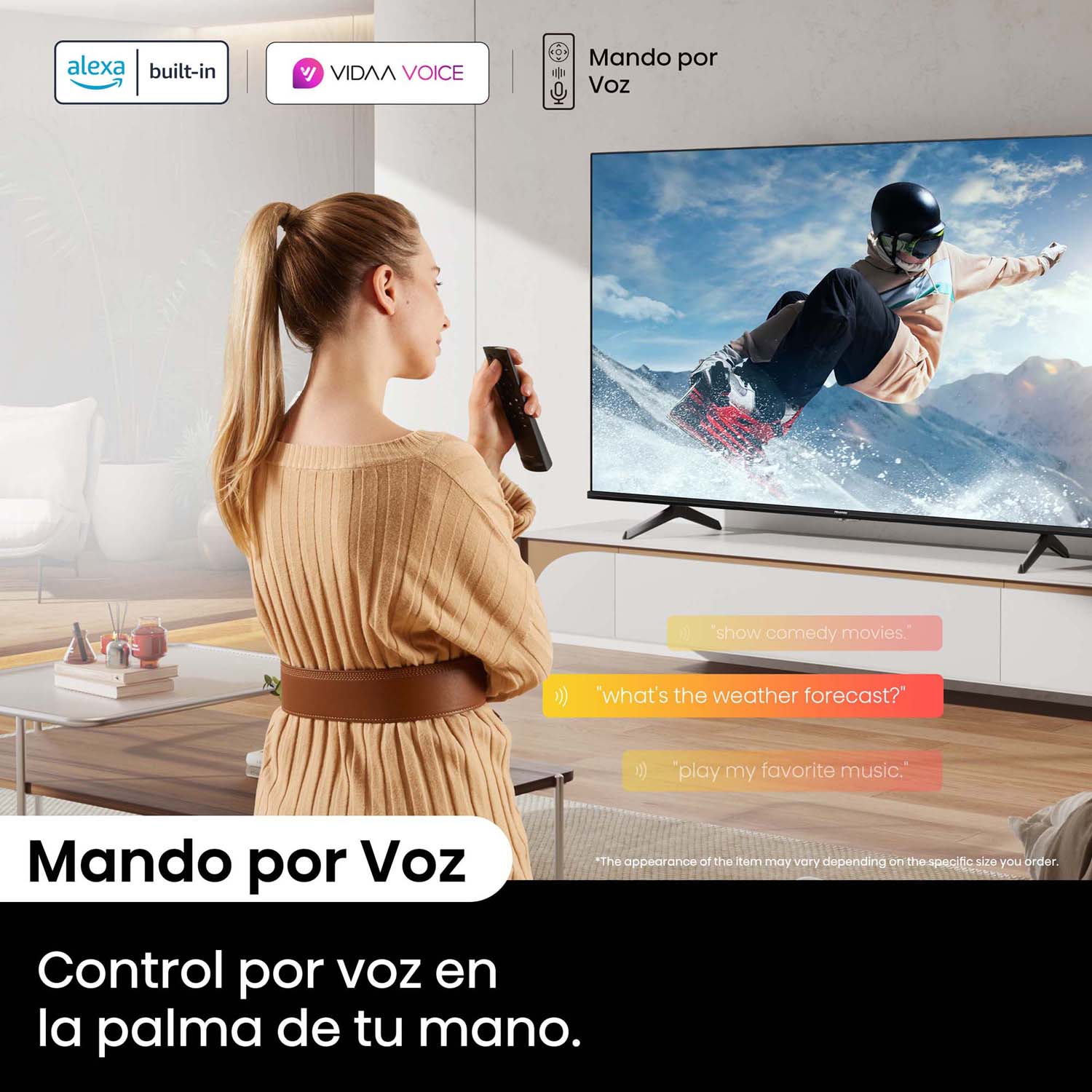 Una mujer usando el control por voz en un televisor Hisense, con texto en español.