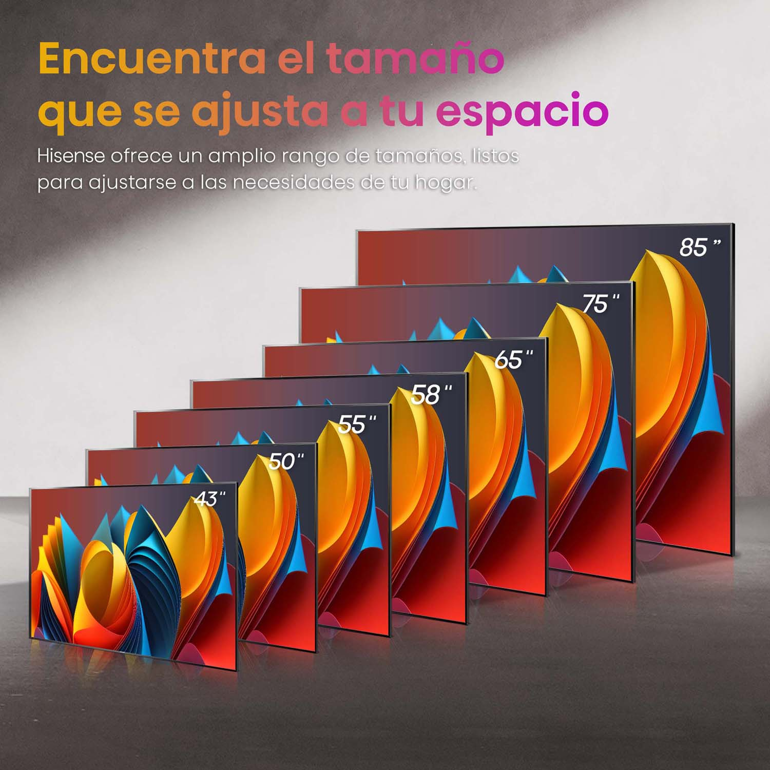 Varios tamaños de televisores modernos en fila, con texto en español, sobre un fondo de habitación.