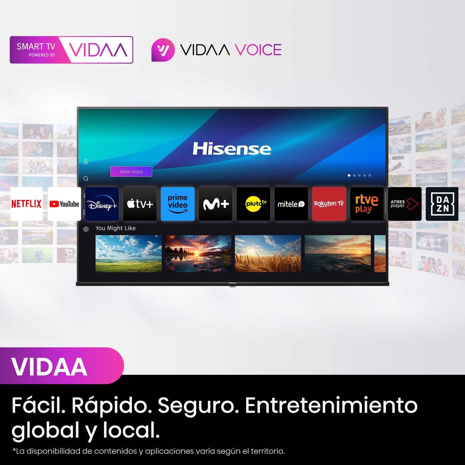 TV con aplicaciones de streaming, logo y texto.