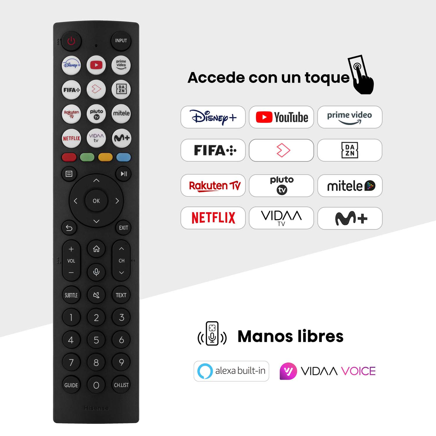 Mando a distancia de TV con varios iconos de aplicaciones, incluyendo Disney+, Netflix y YouTube.