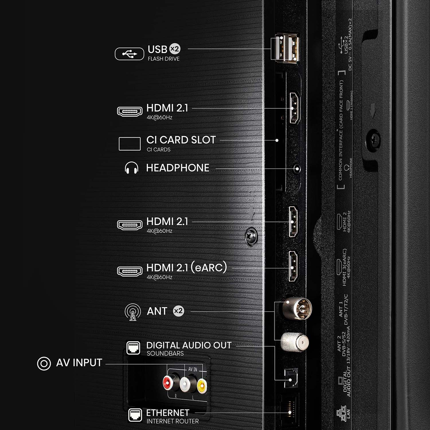 El panel trasero de un televisor que muestra varios puertos y opciones de conexión.