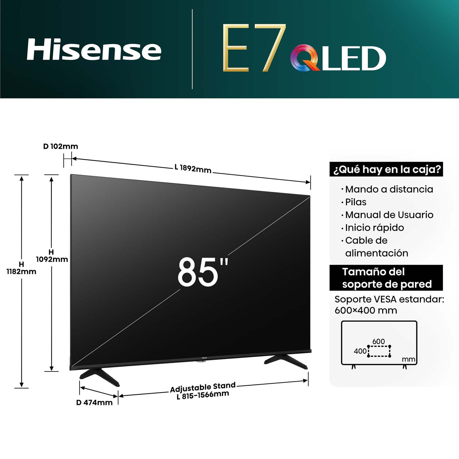 TV Hisense con dimensiones, pantalla de 85". Texto: Qué hay en la caja, tamaño del soporte de pared.