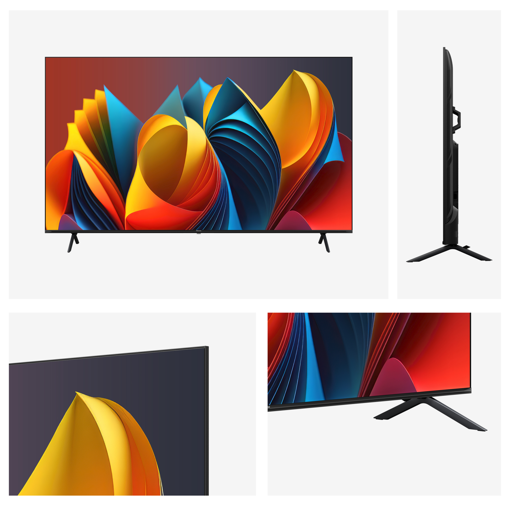 TV mostrando arte abstracto colorido, con vista lateral y detalles del soporte.