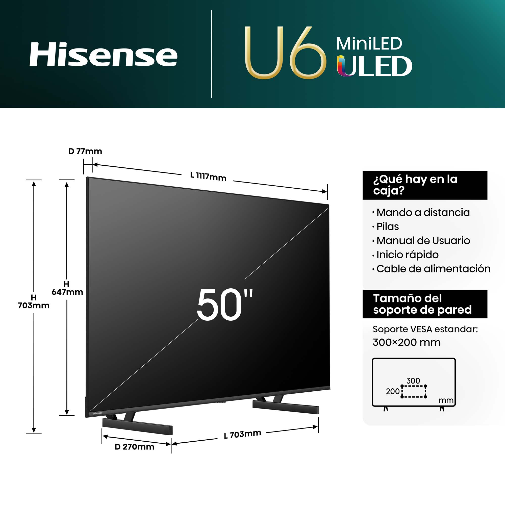 TV Hisense de 50 pulgadas con dimensiones y texto.