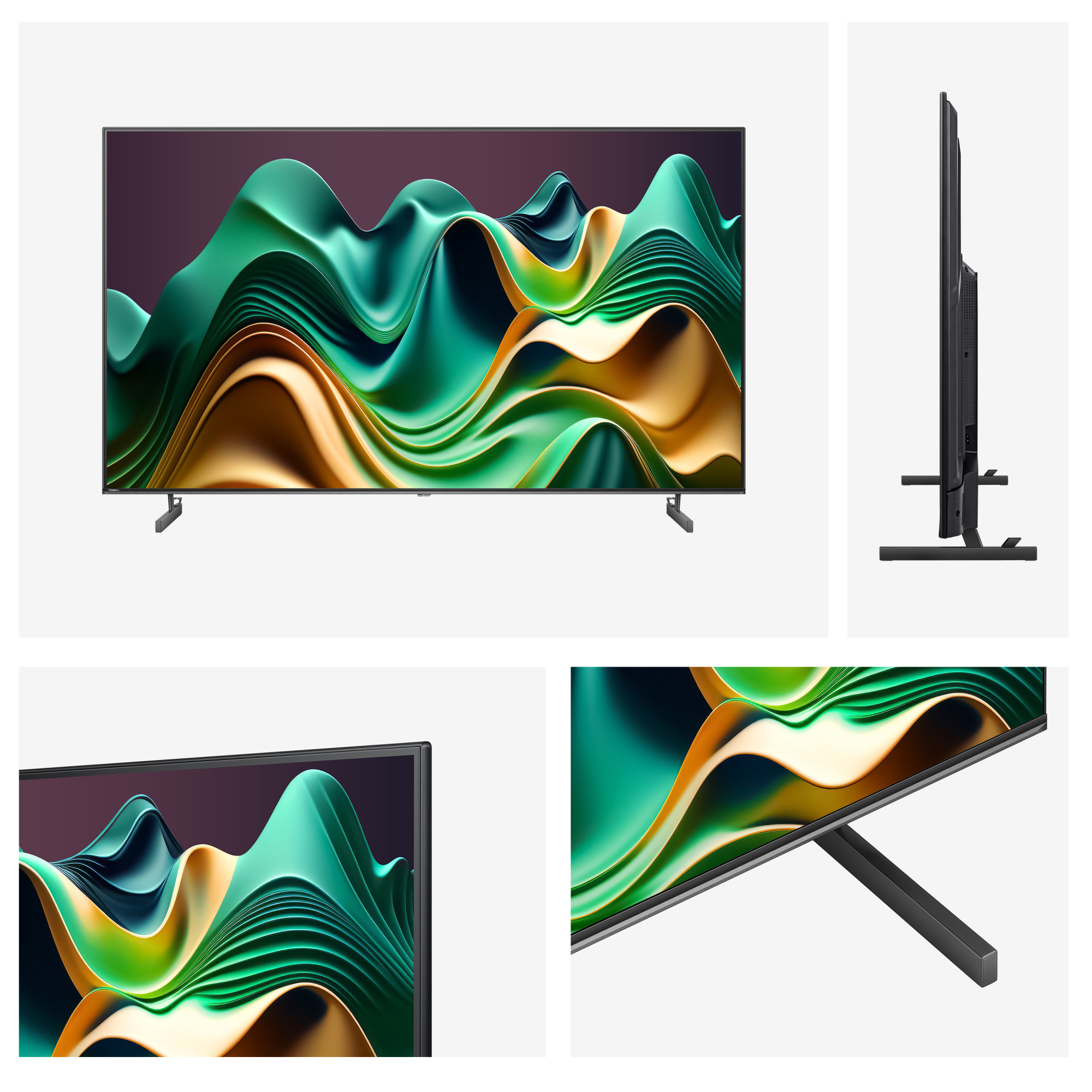 TV con arte abstracto verde/dorado. Vista lateral muestra marco delgado y soporte.