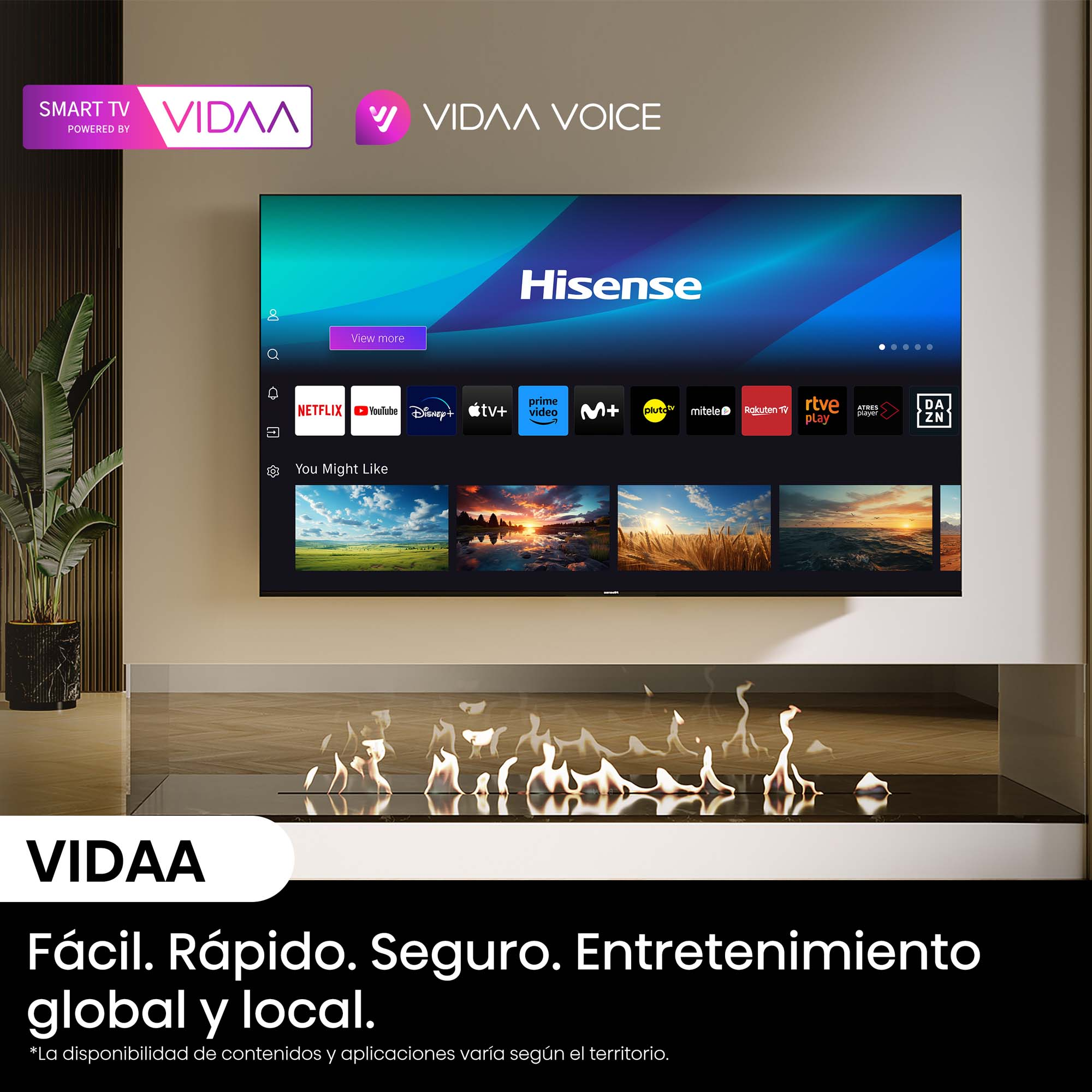 TV en la pared con el logo de Vidaa e iconos de aplicaciones en la pantalla.