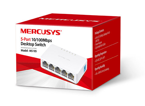 Białe i czerwone pudełko z białym 5-portowym przełącznikiem sieciowym. Tekst: MERCUSYS, 5-Port Desktop Switch.