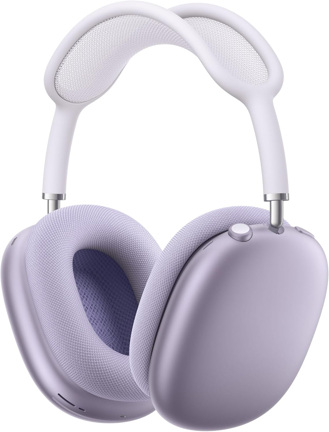 Auriculares Apple AirPods Max blancos y morados, con botón y almohadillas de malla.